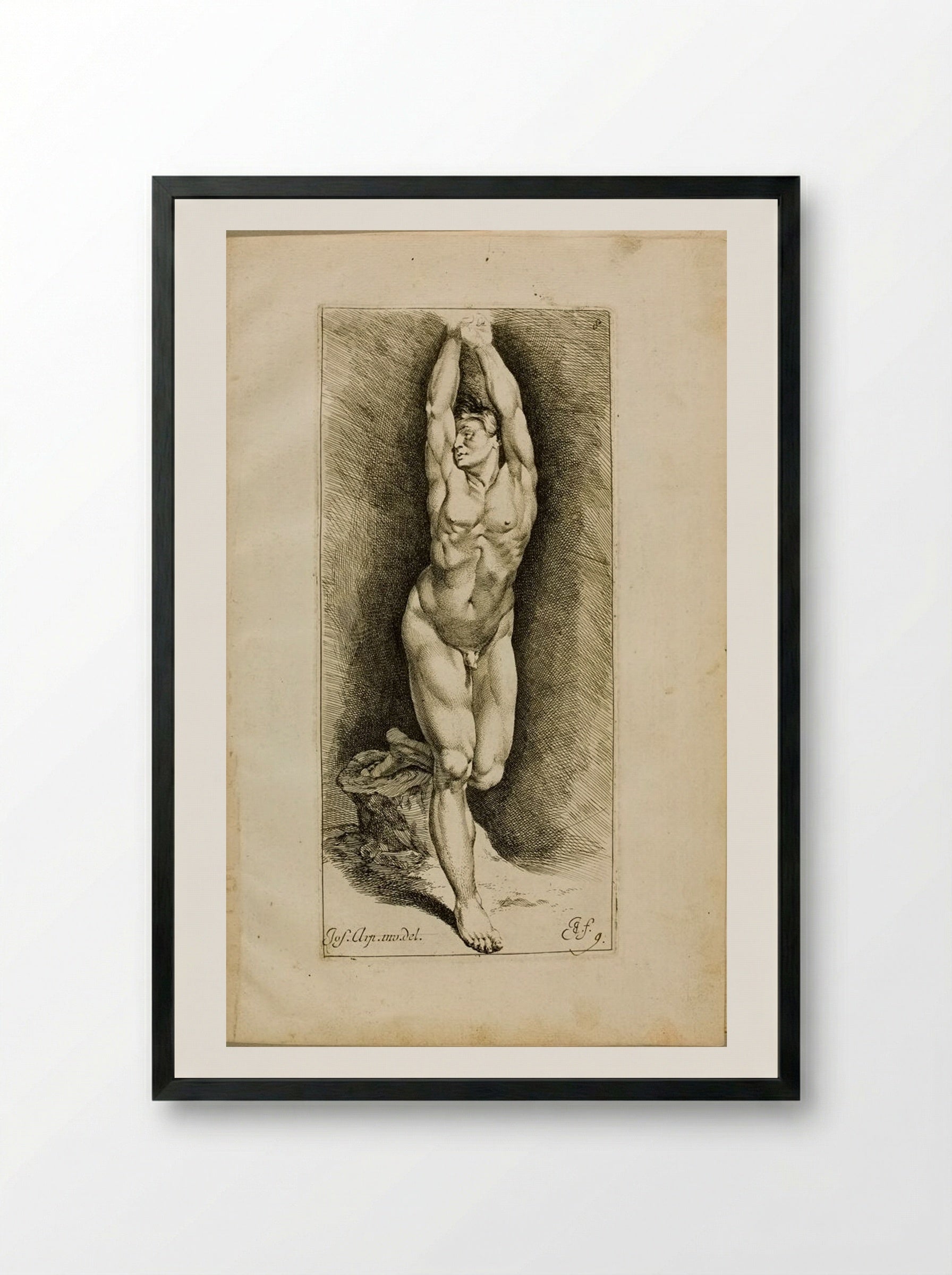 Plate 8: A Male Nude with Raised Arms - Jan de Bisschop - Framed Print Black