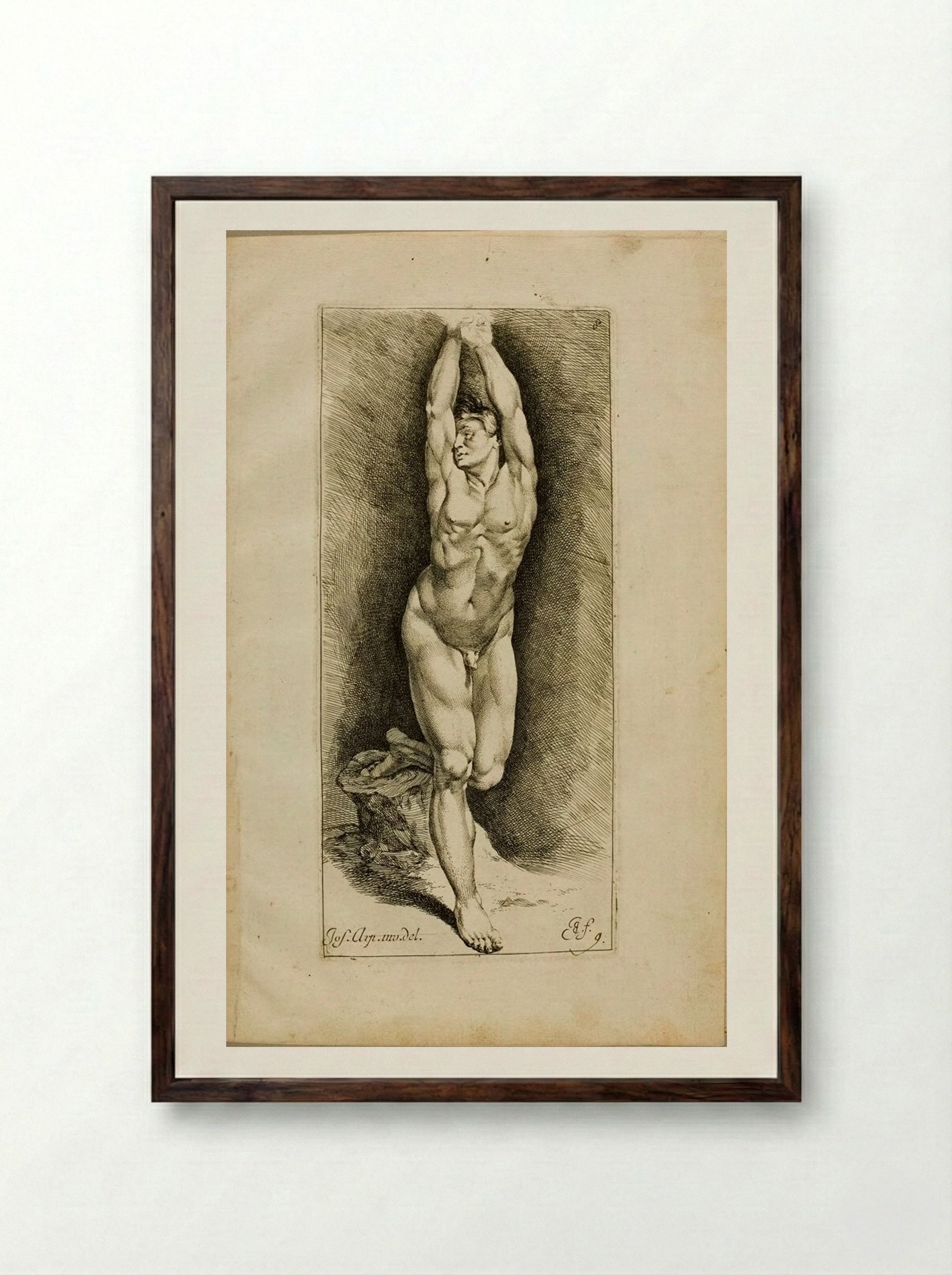 Plate 8: A Male Nude with Raised Arms - Jan de Bisschop - Framed Print Dark Wood