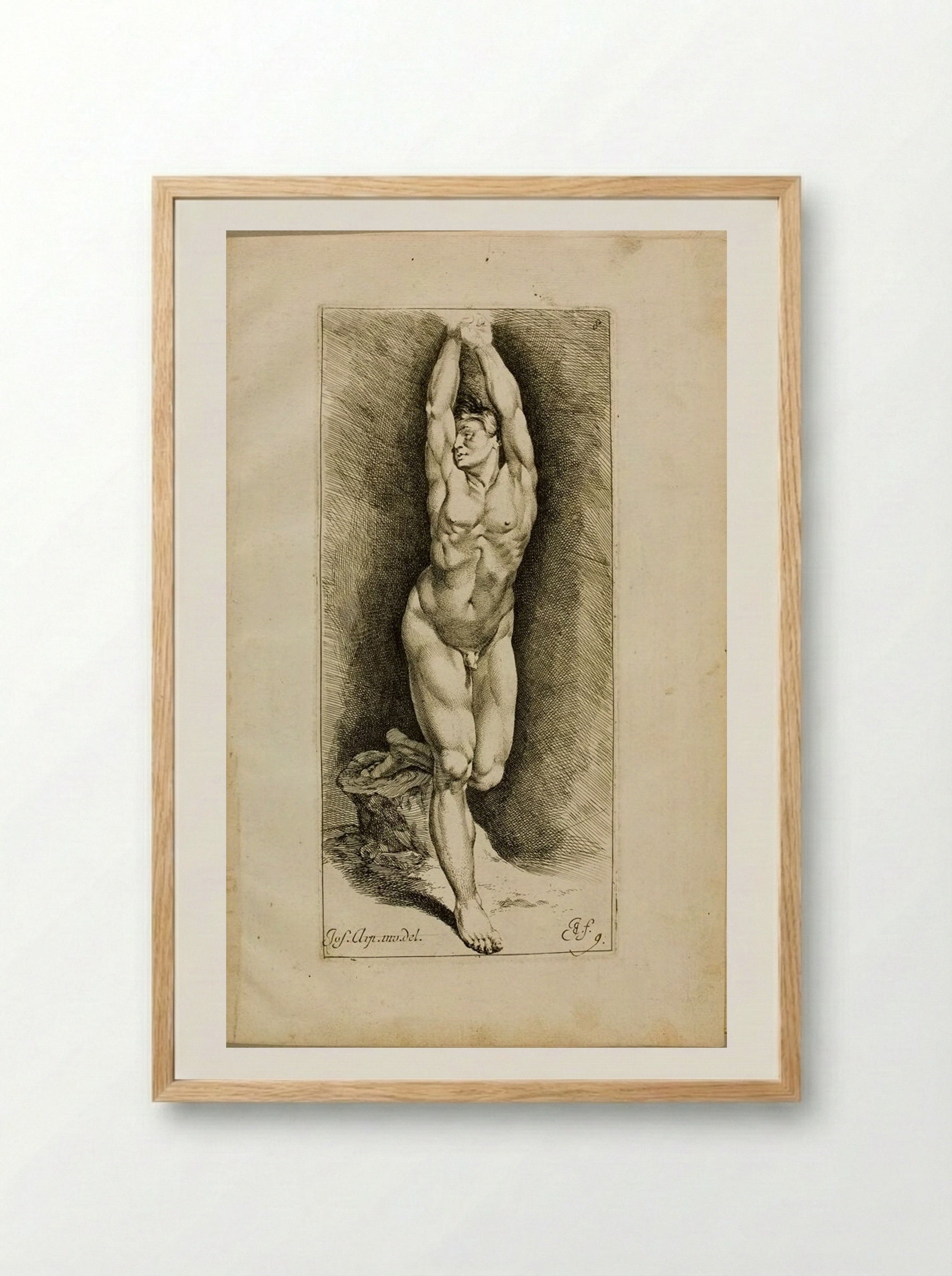 Plate 8: A Male Nude with Raised Arms - Jan de Bisschop - Framed Print Wood