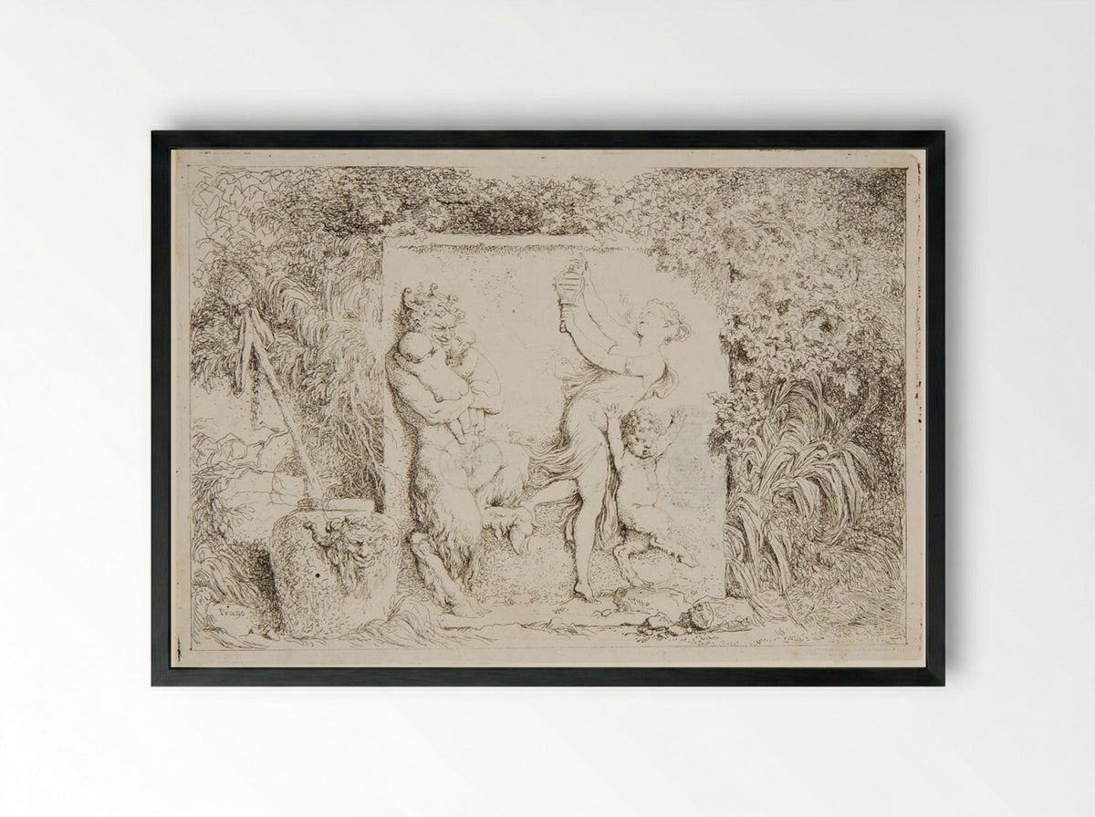 Plate Four: Dancing Nymph Shaking a Sistrum at a Satyr Holding Two Babies - Jean-Honoré Fragonard - Framed Print Black