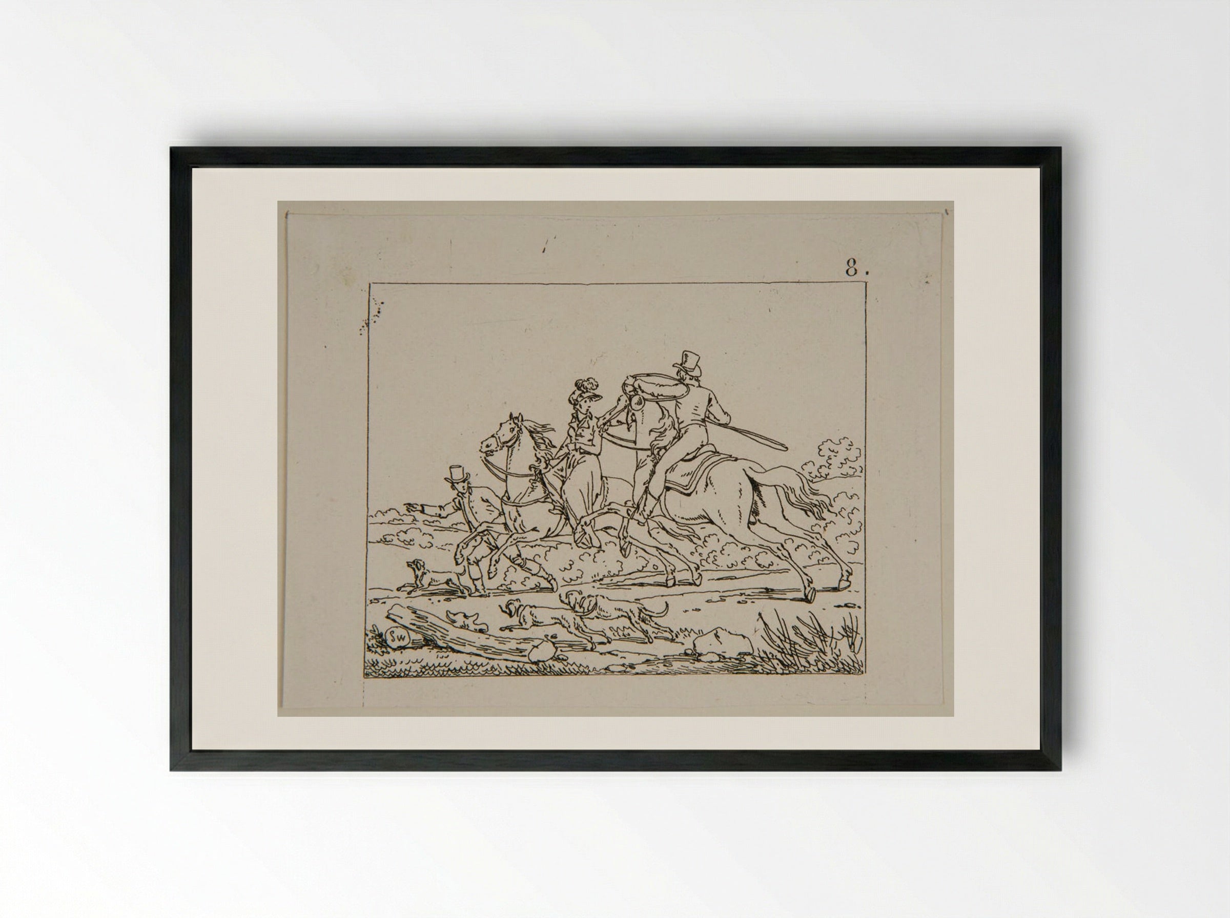 Plate II (Equestrian Scene with Hounds) - Jacques-Francois-Joseph Swebach - Framed Print Black