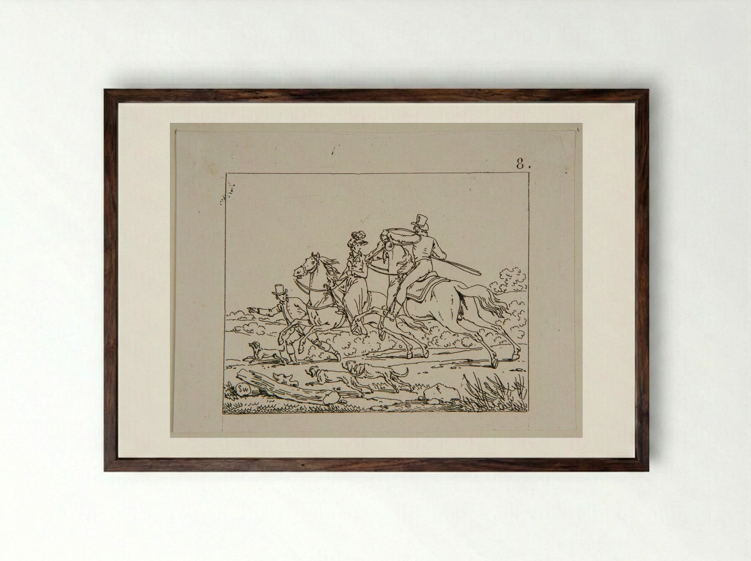 Plate II (Equestrian Scene with Hounds) - Jacques-Francois-Joseph Swebach - Framed Print Dark Wood