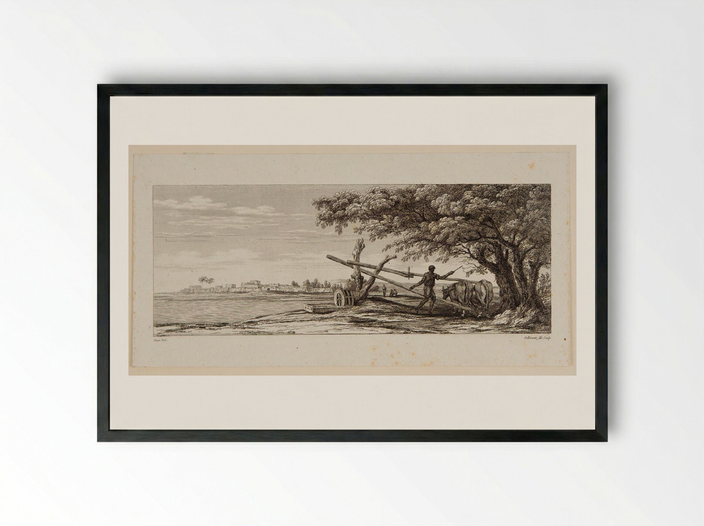 Plate II (Rural Scene with Oxen and Water Wheel) - Victor Pillement - Framed Print Black