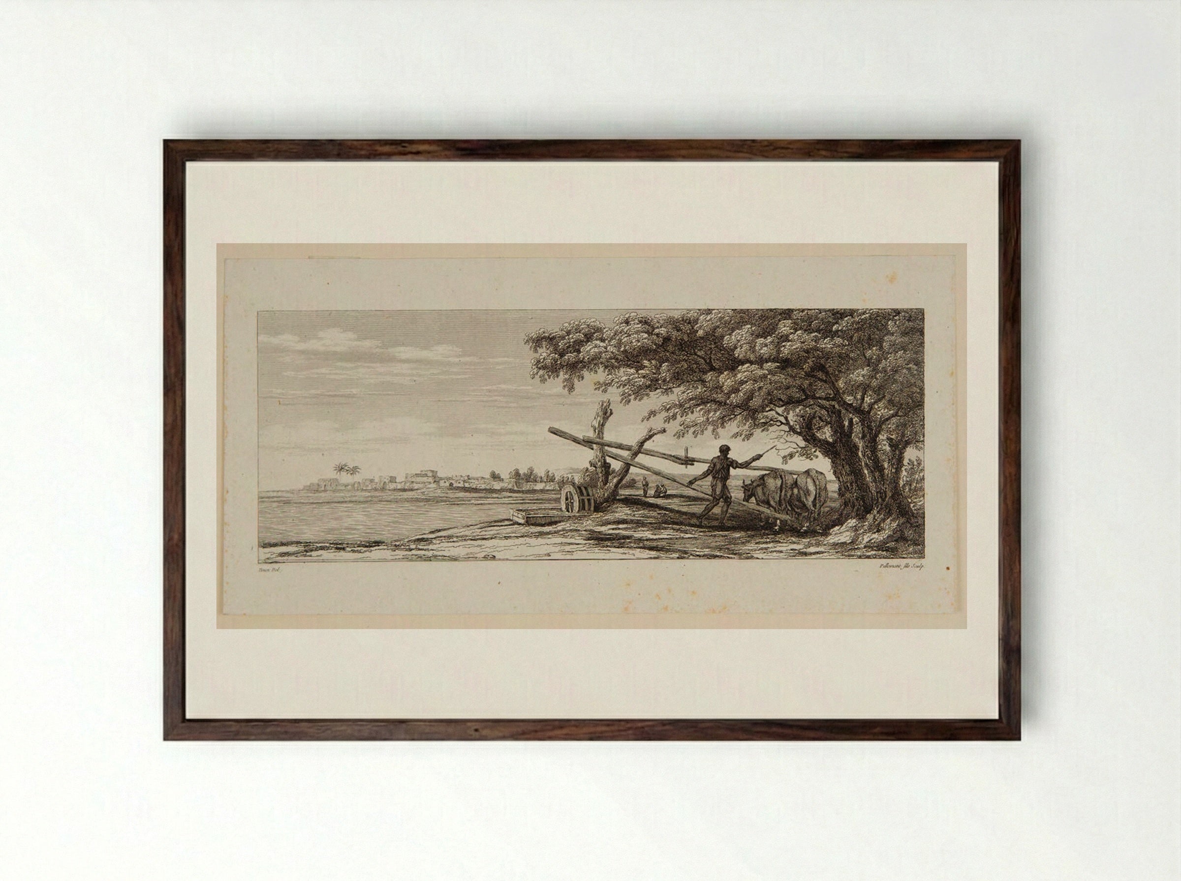 Plate II (Rural Scene with Oxen and Water Wheel) - Victor Pillement - Framed Print Dark Wood