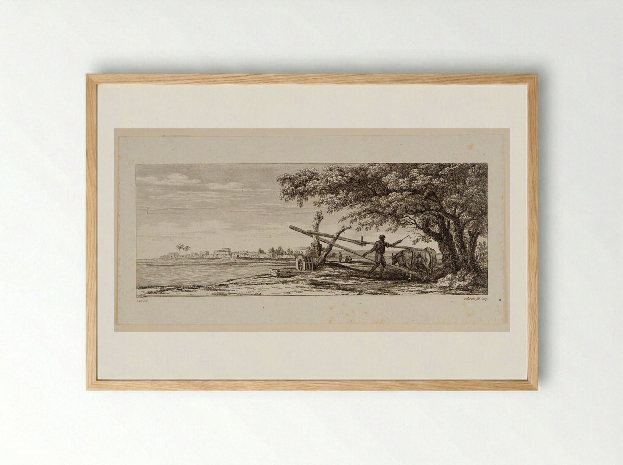 Plate II (Rural Scene with Oxen and Water Wheel) - Victor Pillement - Framed Print Wood
