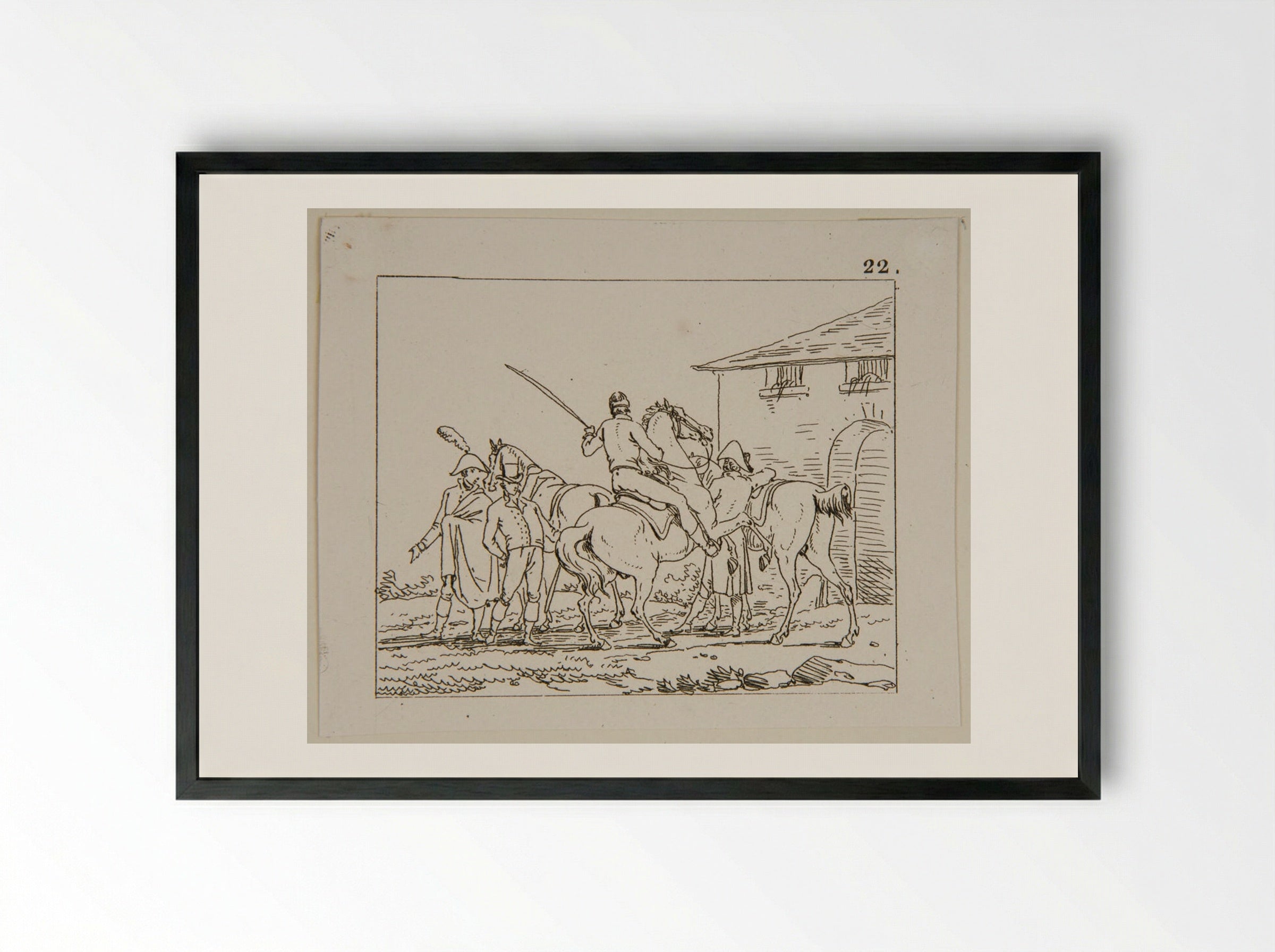 Plate IX (Cavalry and Figures by a Building) - Jacques-Francois-Joseph Swebach - Framed Print Black