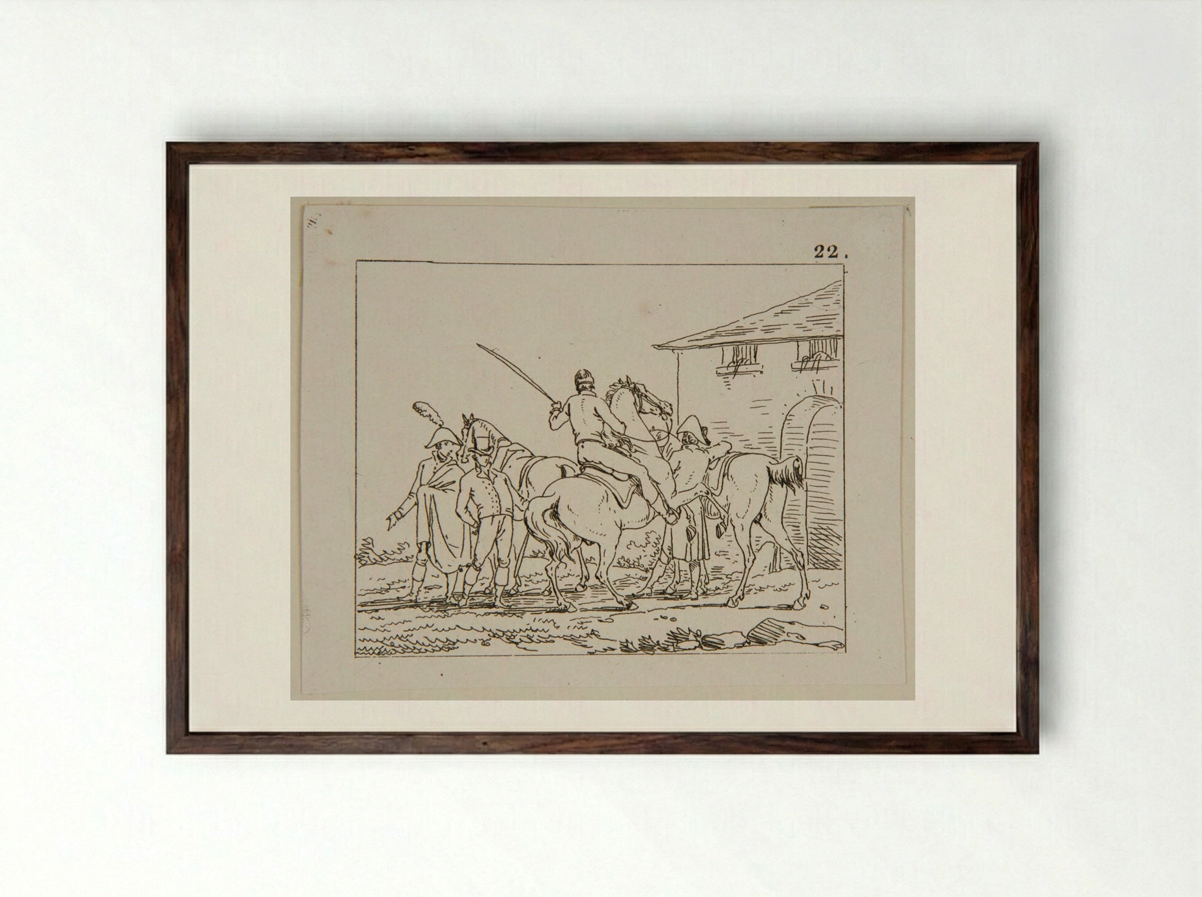 Plate IX (Cavalry and Figures by a Building) - Jacques-Francois-Joseph Swebach - Framed Print Dark Wood