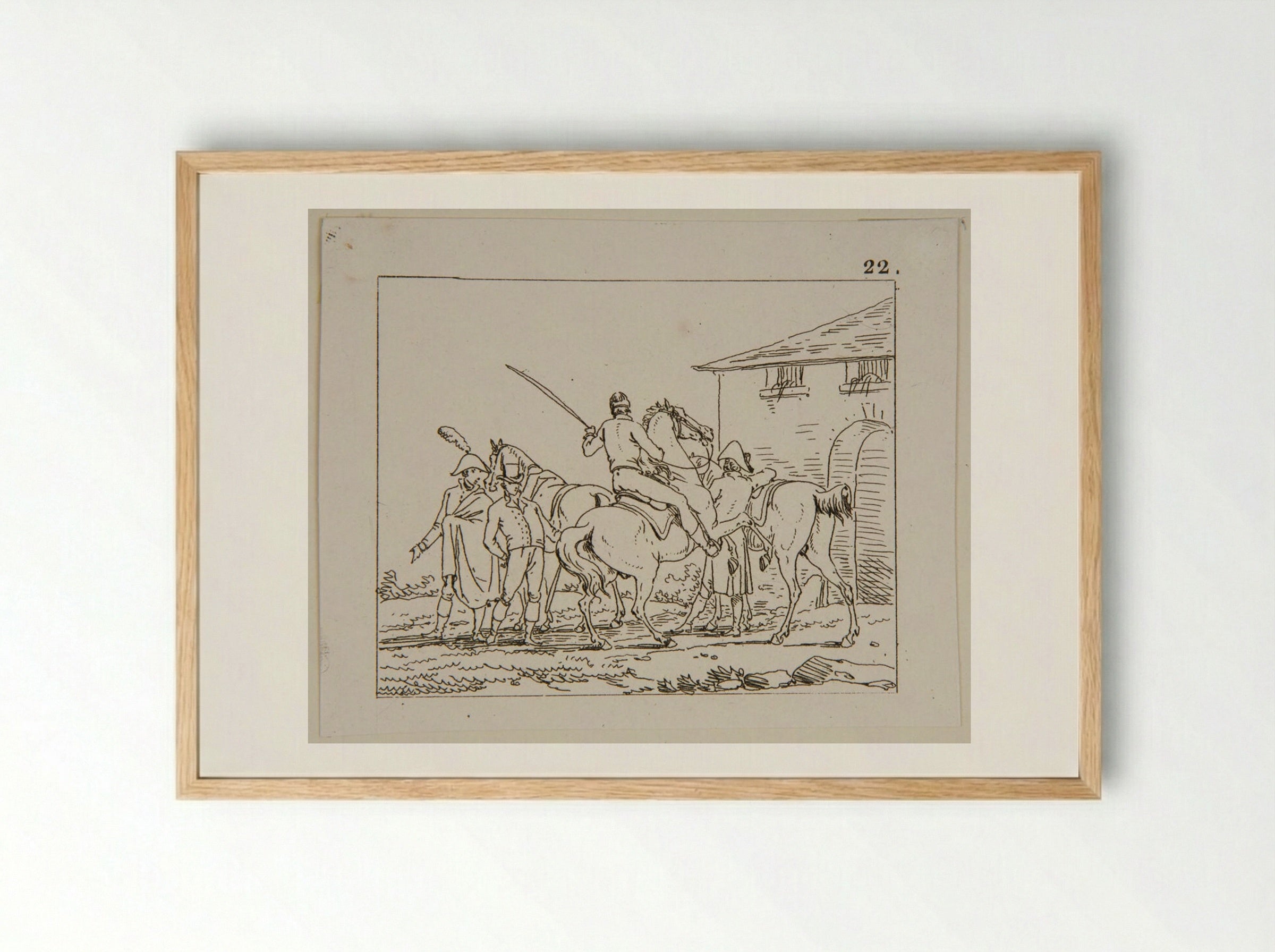 Plate IX (Cavalry and Figures by a Building) - Jacques-Francois-Joseph Swebach - Framed Print Wood
