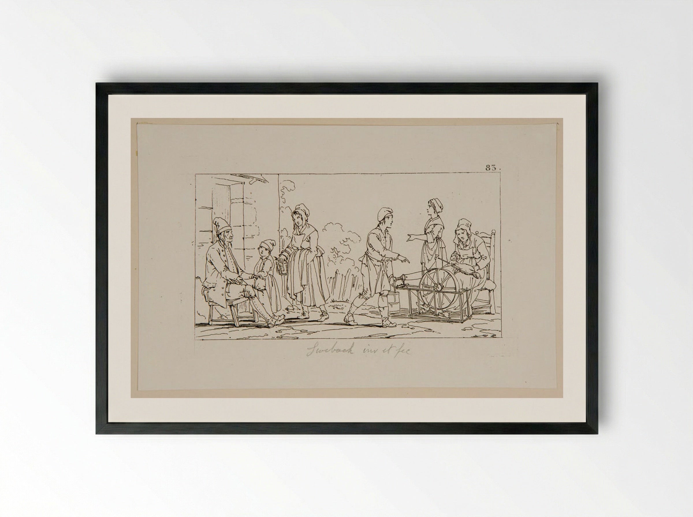 Plate LVI (Rural Scene with Spinning Wheel) - Jacques-Francois-Joseph Swebach - Framed Print Black