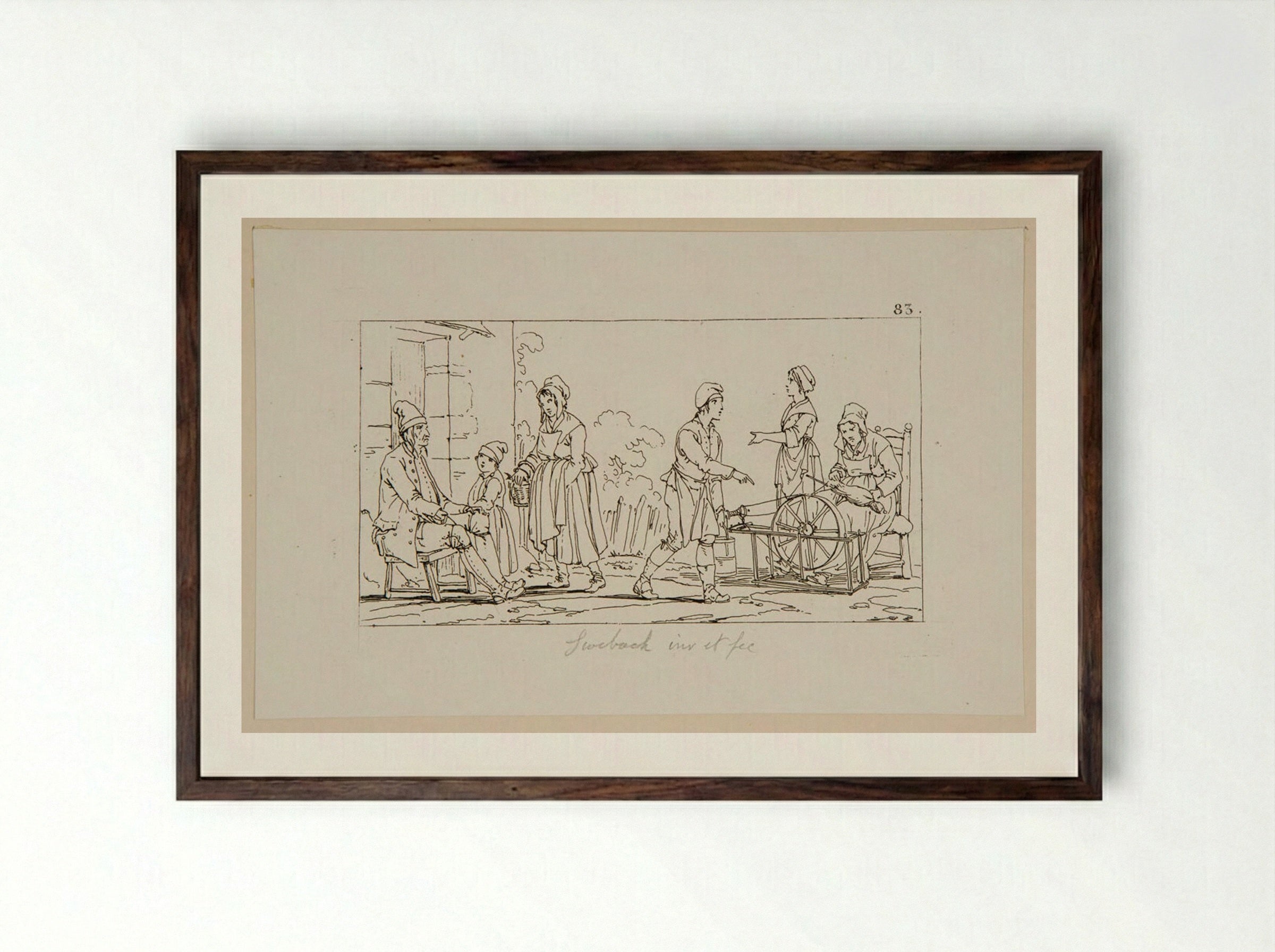 Plate LVI (Rural Scene with Spinning Wheel) - Jacques-Francois-Joseph Swebach - Framed Print Dark Wood