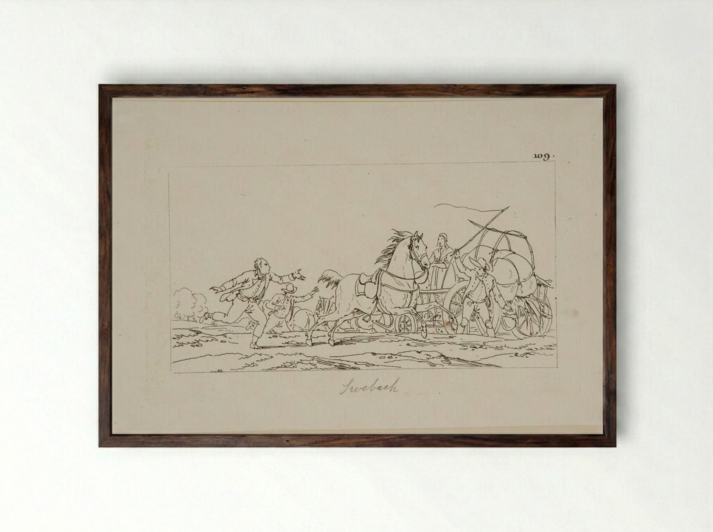 Plate LXIII (Horse-Drawn Cart and Figures) - Jacques-Francois-Joseph Swebach - Framed Print Dark Wood