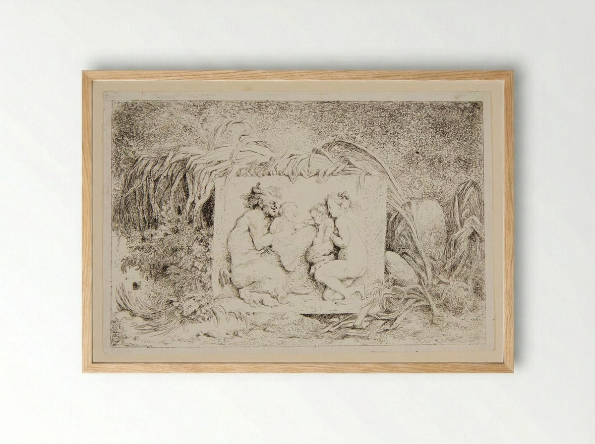 Plate Three: Betrothal of a Baby Satyr and Baby Nymph Held by a Nymph and a Satyr - Jean-Honoré Fragonard - Framed Print Wood