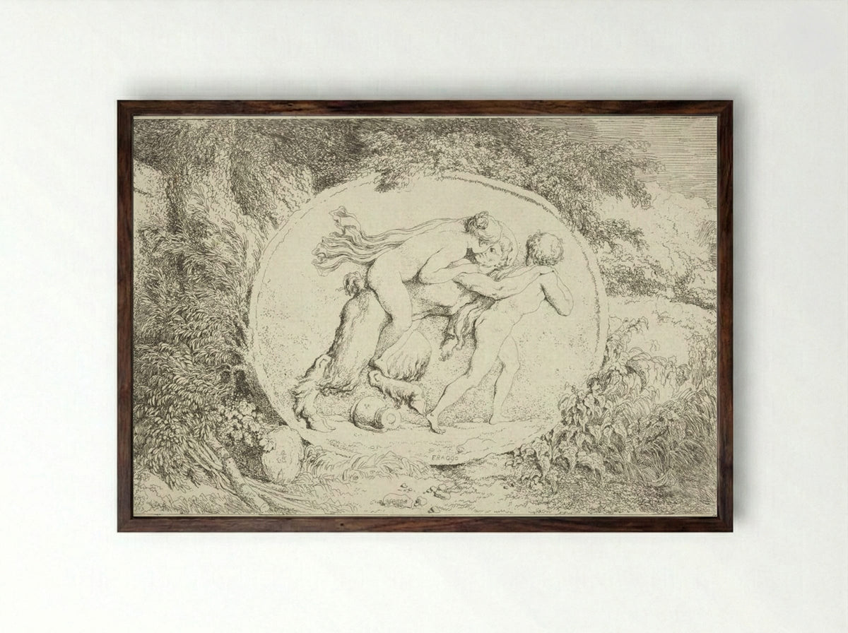 Plate Three: Young Girl Astride a Satyr - Jean-Honoré Fragonard - Framed Print Dark Wood