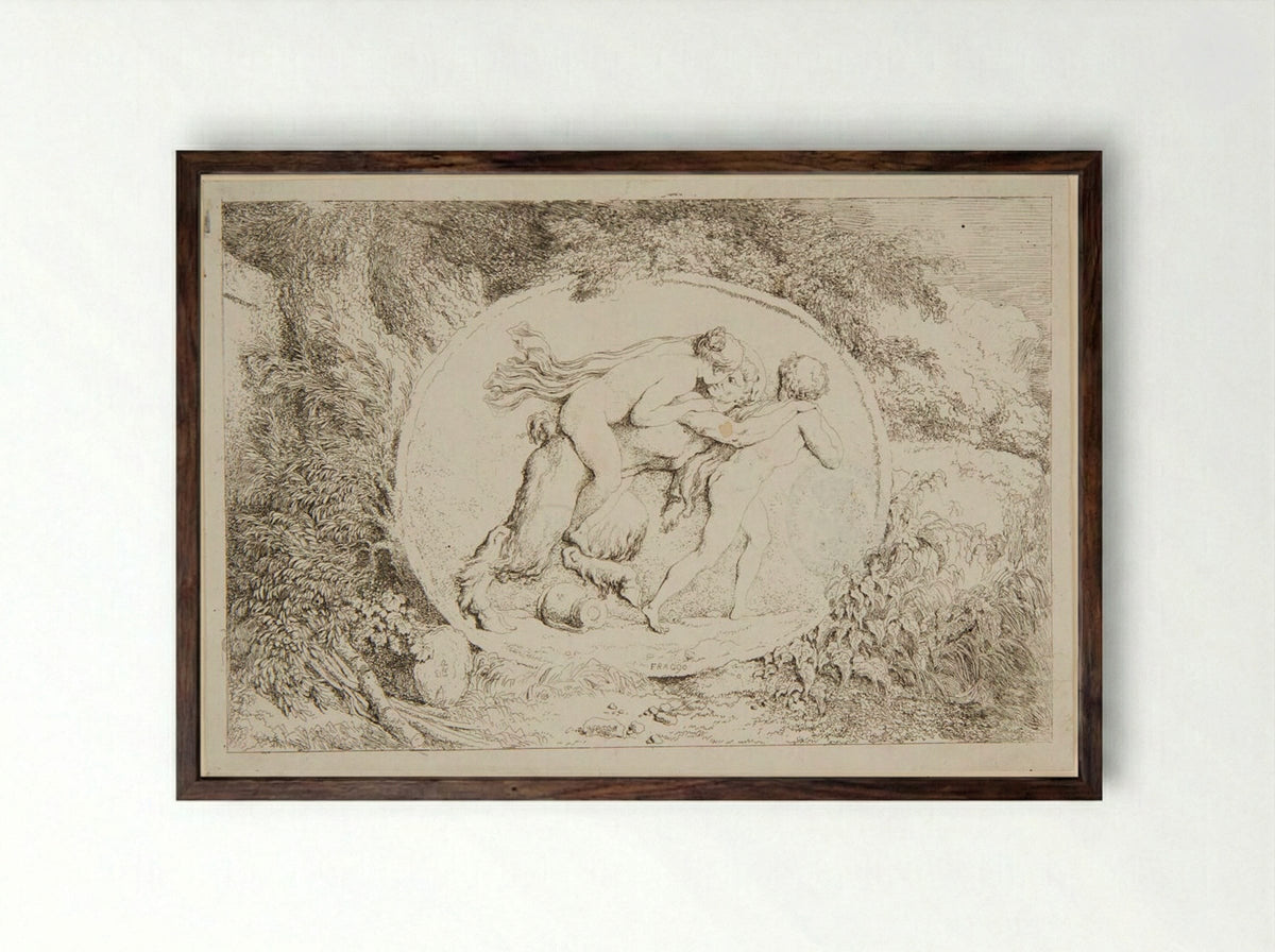 Plate Two: Satyr Carrying a Nymph on His Back and Led by a Youth - Jean-Honoré Fragonard - Framed Print Dark Wood