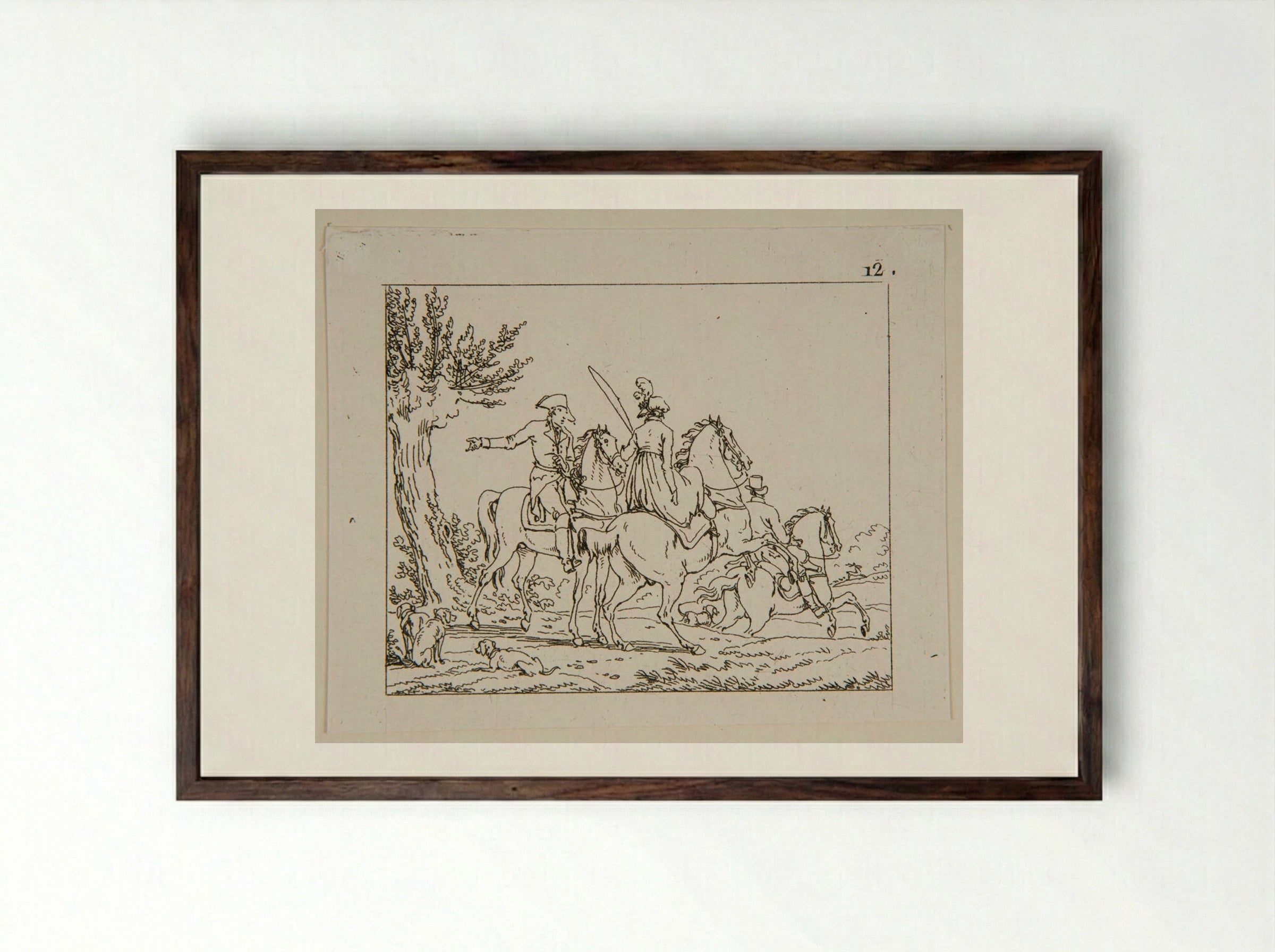 Plate V (Equestrian Figures and Hounds) - Jacques-Francois-Joseph Swebach - Framed Print Dark Wood