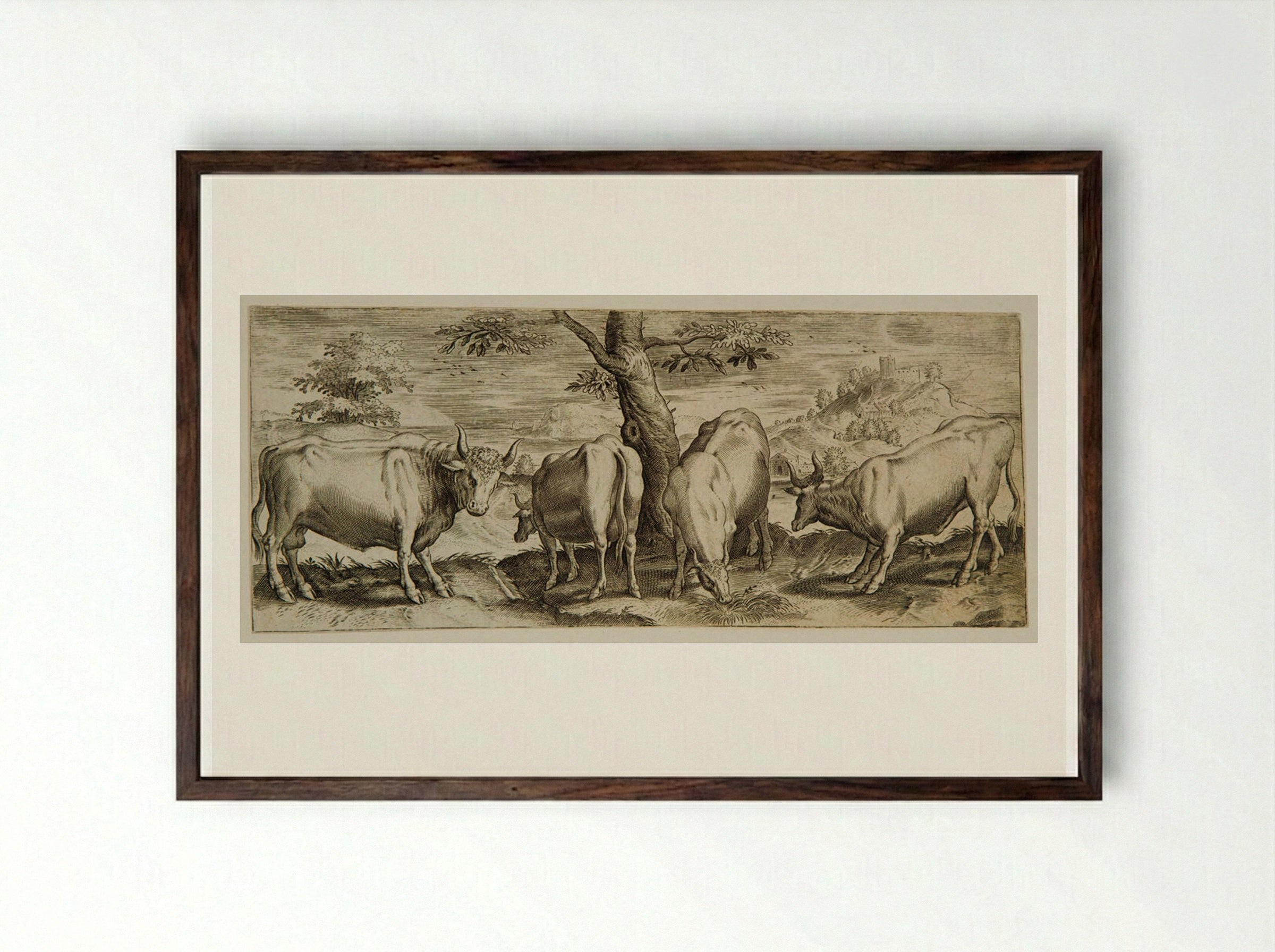 Plate VI (Cattle in a Rural Setting) - Abraham de Bruyn - Framed Print Dark Wood