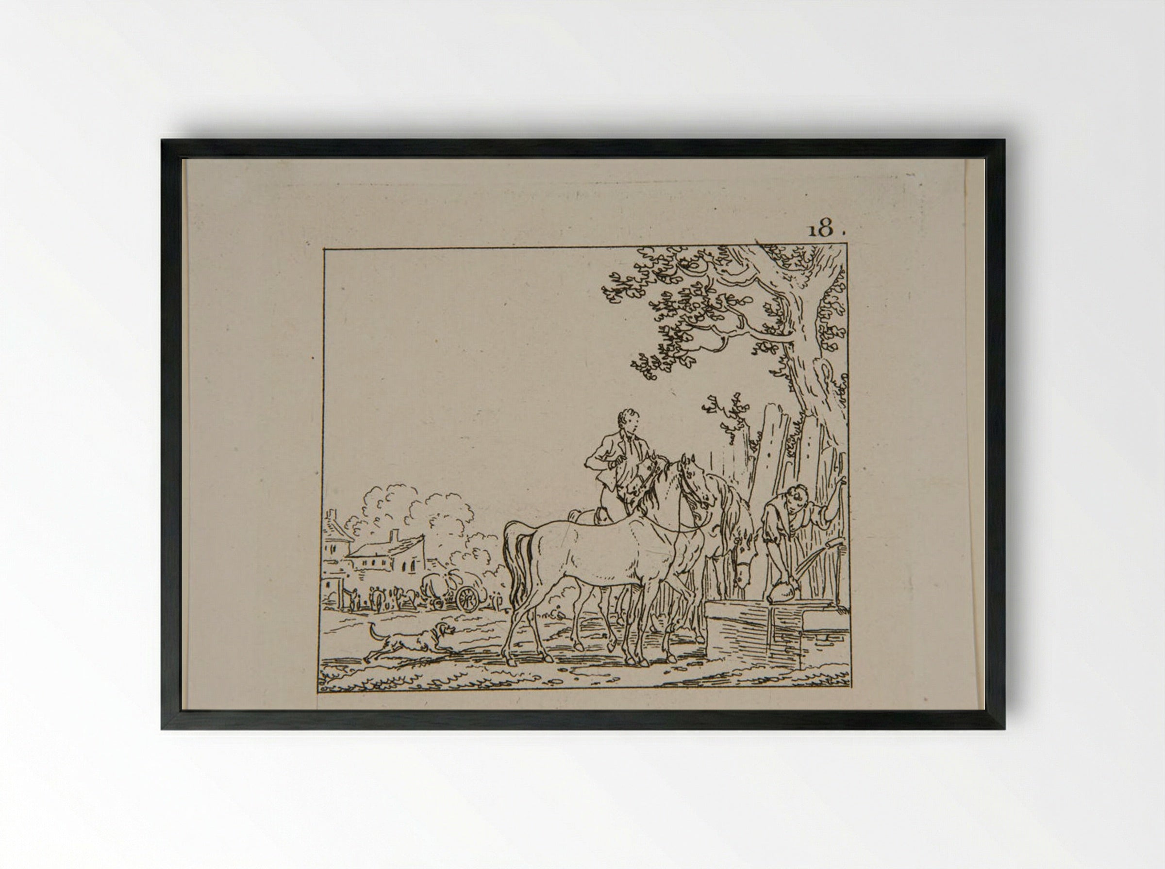 Plate VII (Horsemen at a Well) - Jacques-Francois-Joseph Swebach - Framed Print Black