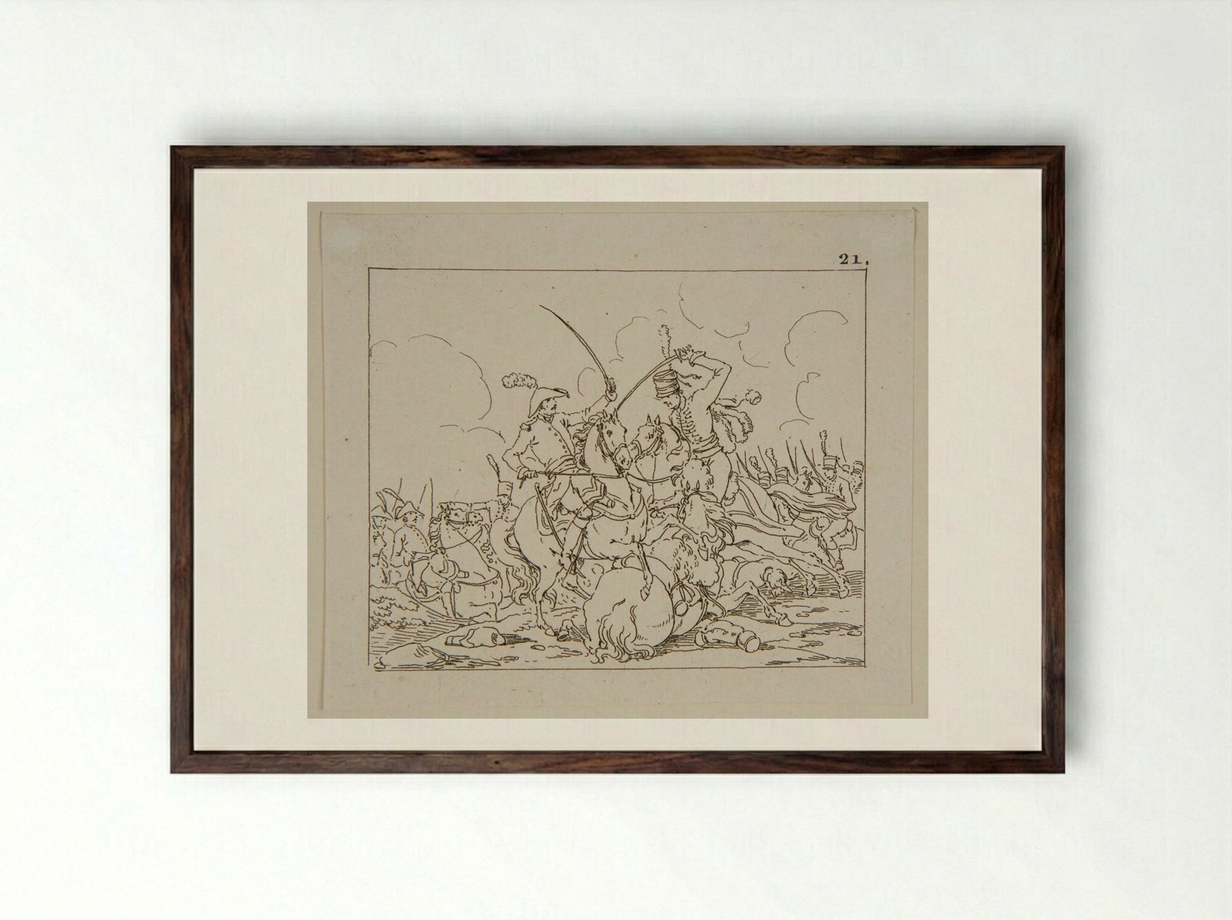 Plate VIII (Cavalry Skirmish) - Jacques-Francois-Joseph Swebach - Framed Print Dark Wood