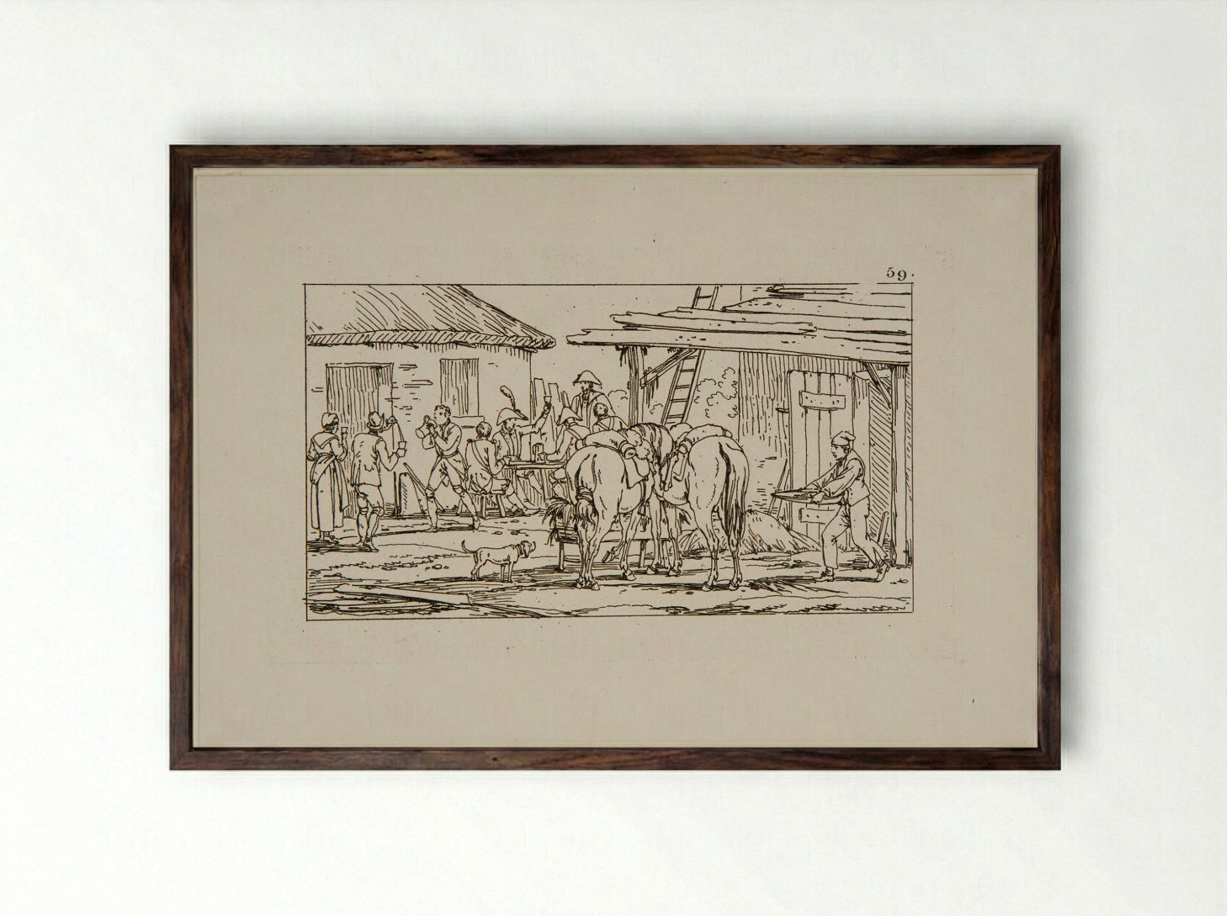 Plate XL (Soldiers at a Tavern) - Jacques-Francois-Joseph Swebach - Framed Print Dark Wood