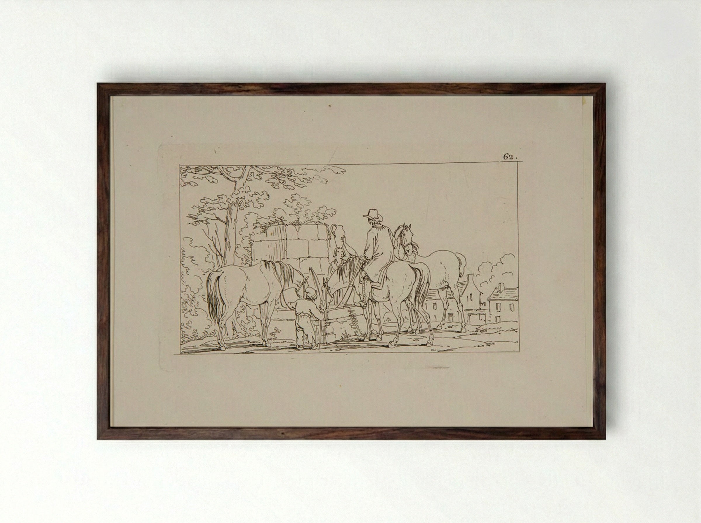 Plate XLII (Horsemen at a Well) - Jacques-Francois-Joseph Swebach - Framed Print Dark Wood
