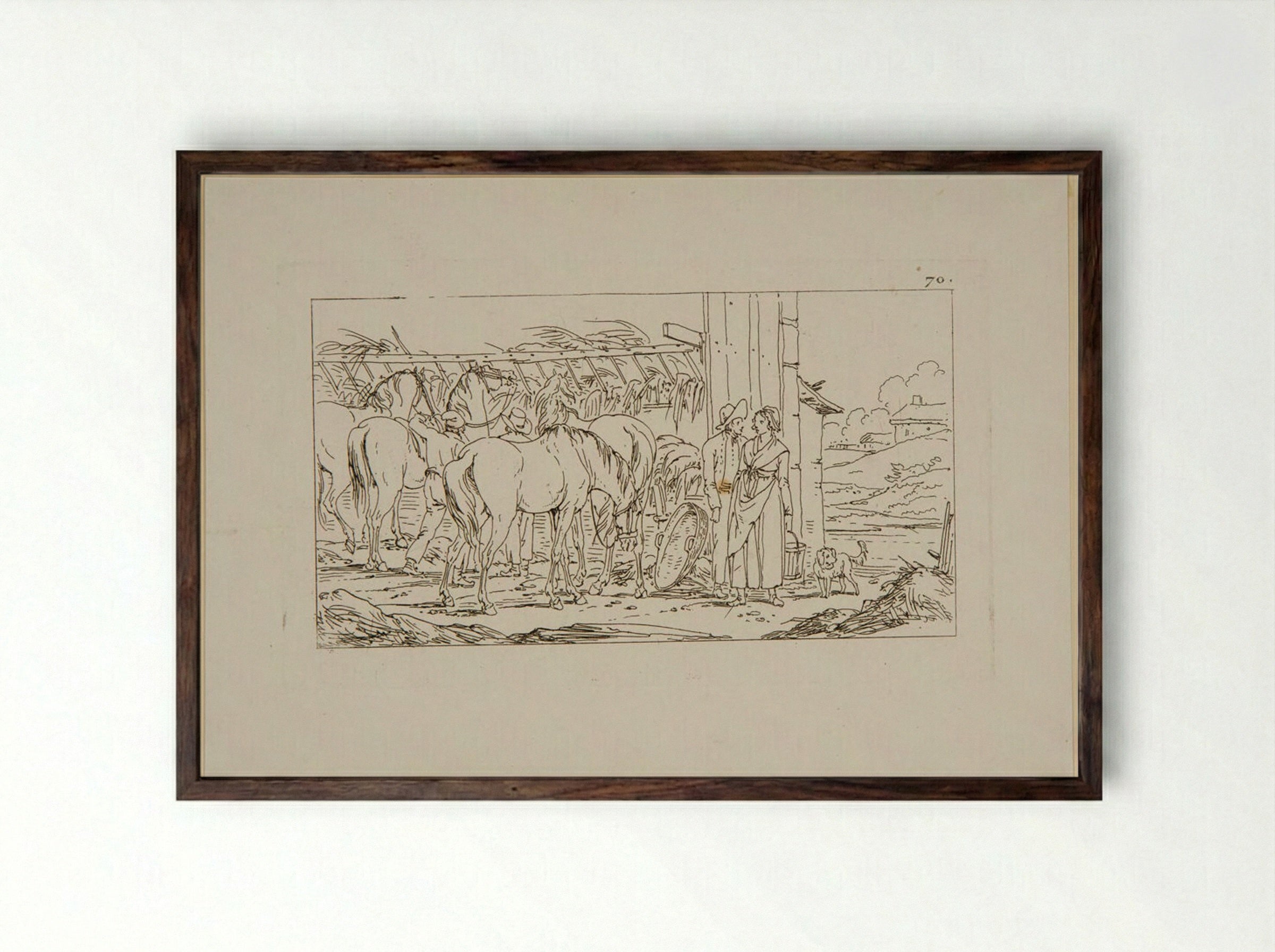 Plate XLVIII (Stable Scene with Horses and Figures) - Jacques-Francois-Joseph Swebach - Framed Print Dark Wood