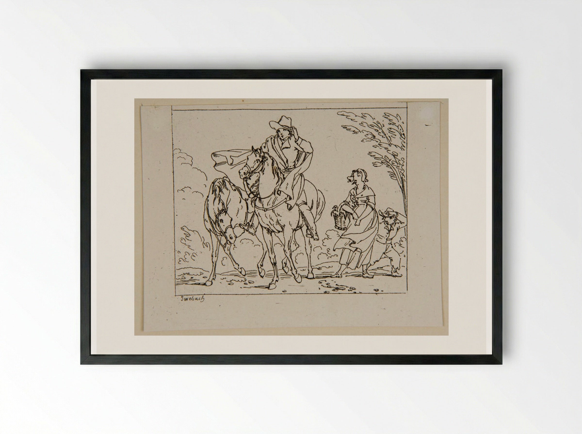 Plate XVI (Rider and Peasant Woman) - Jacques-Francois-Joseph Swebach - Framed Print Black