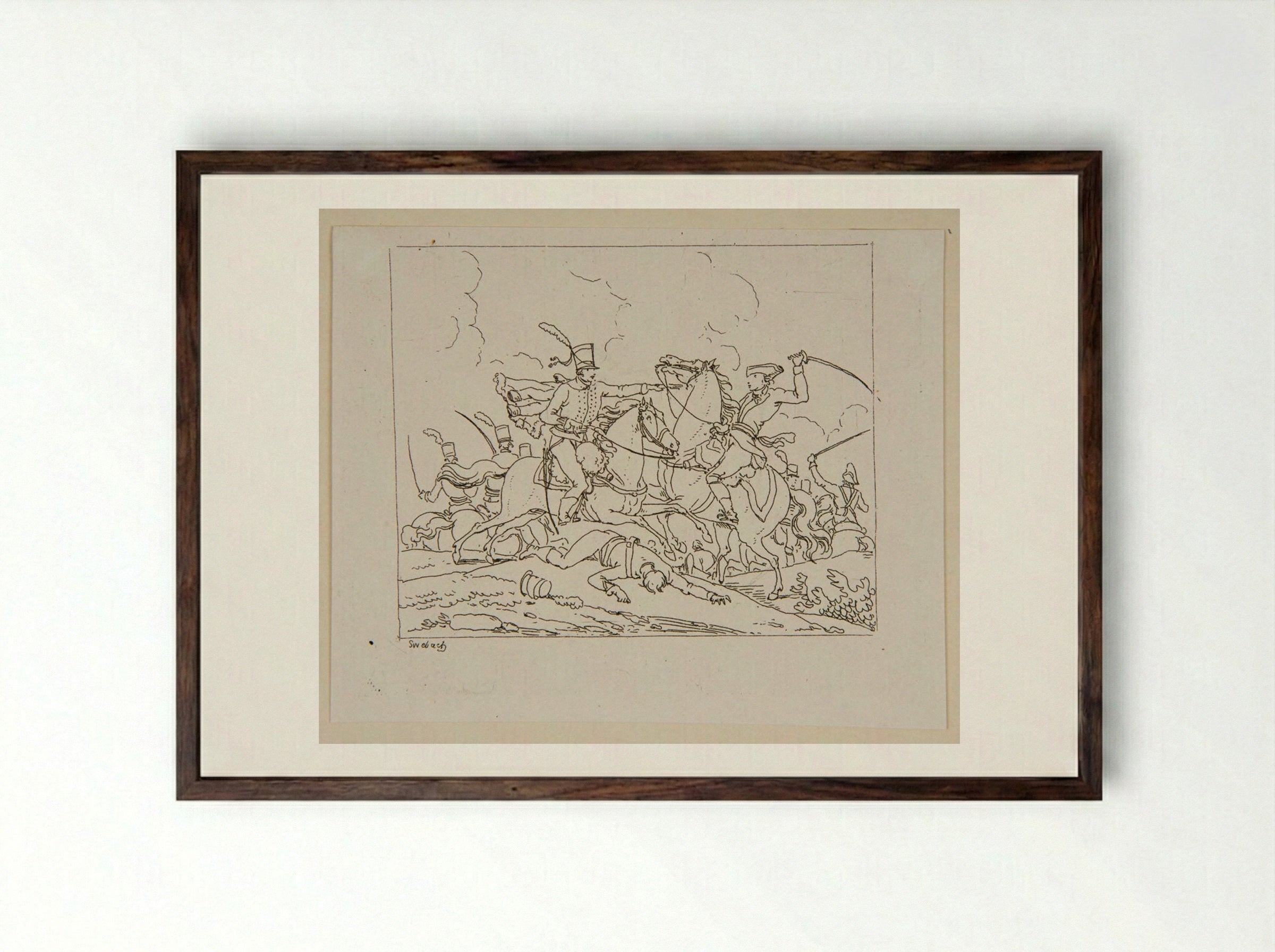 Plate XXI (Cavalry Skirmish) - Jacques-Francois-Joseph Swebach - Framed Print Dark Wood