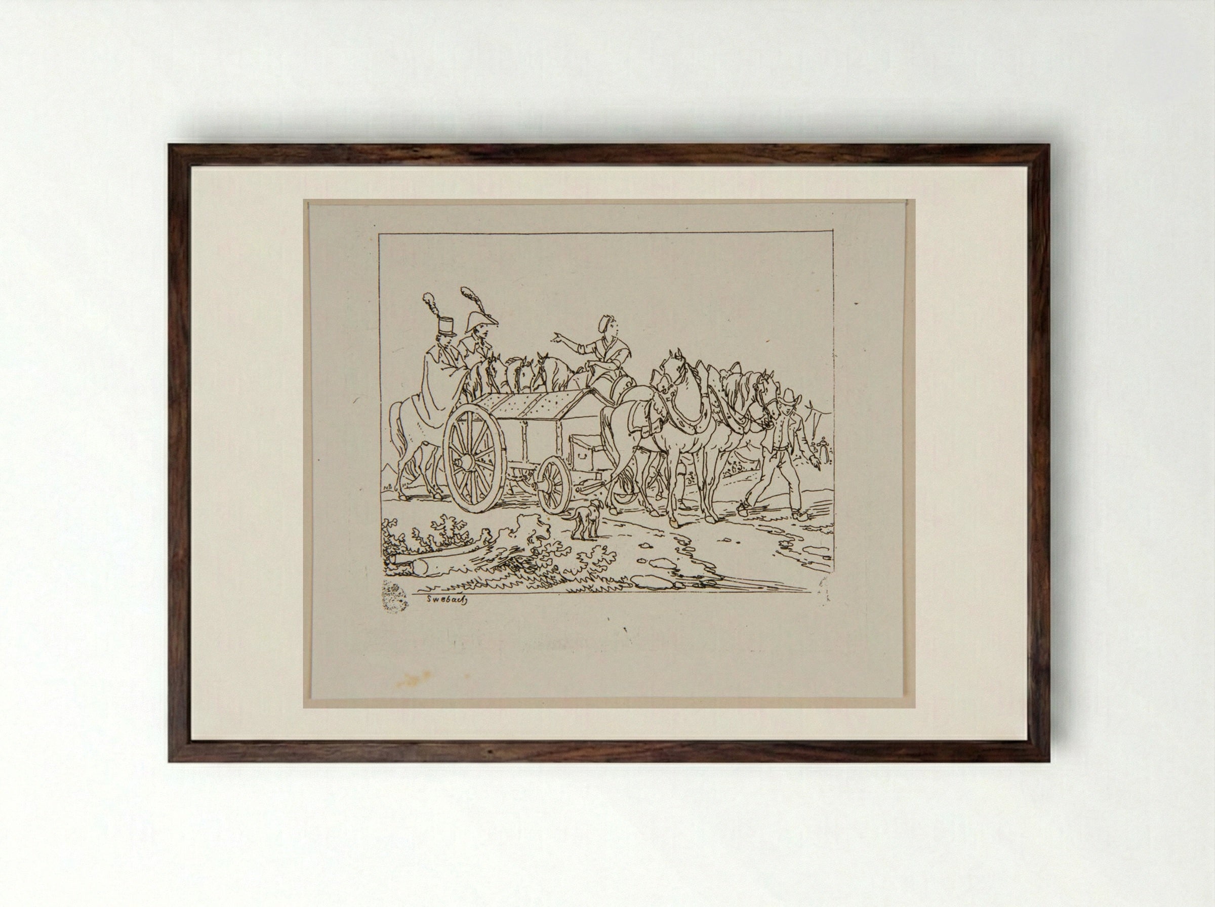 Plate XXVI (Horse-Drawn Carriage and Figures) - Jacques-Francois-Joseph Swebach - Framed Print Dark Wood