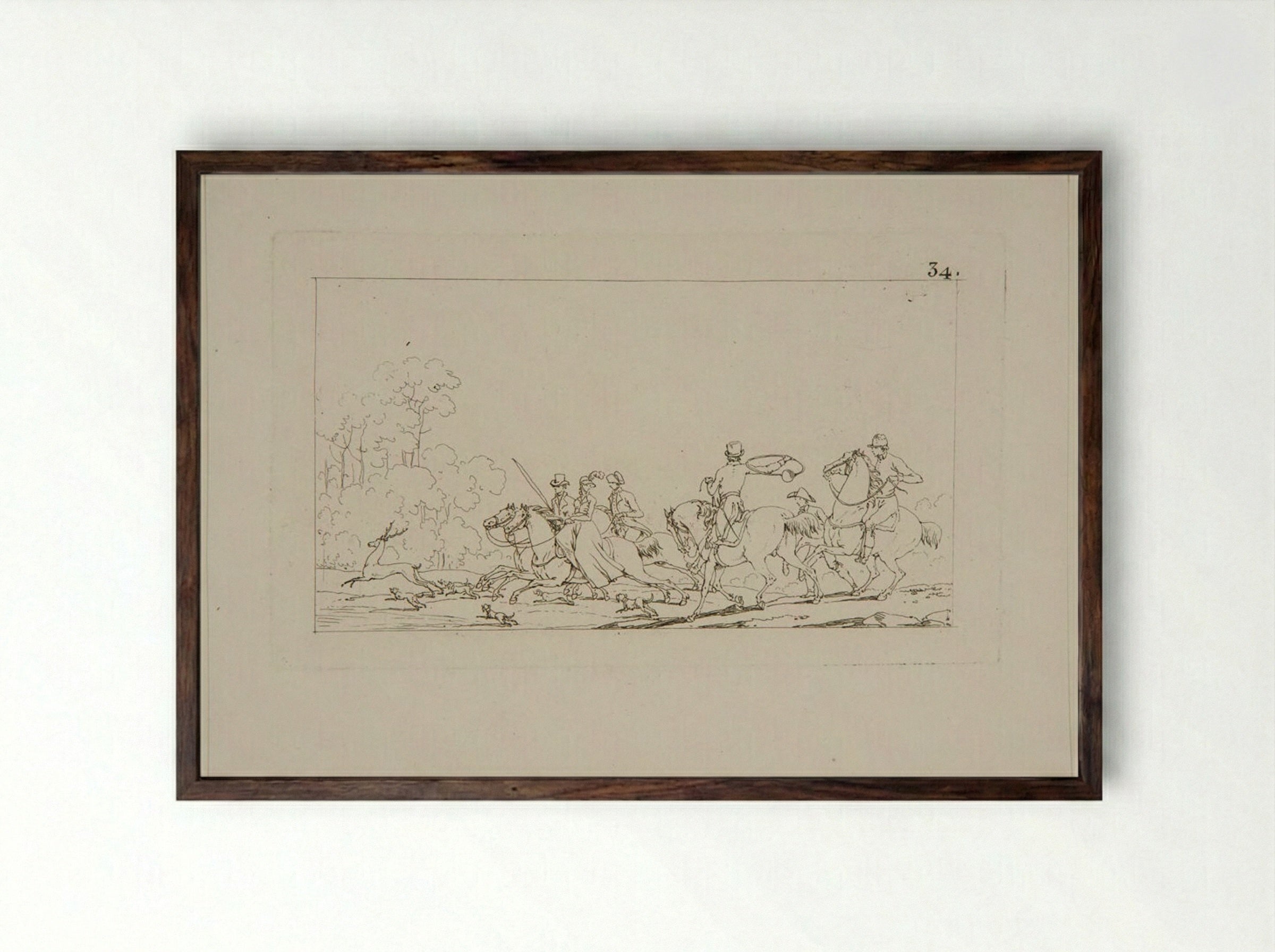 Plate XXXI (Hunting Scene, Etching) - Jacques-Francois-Joseph Swebach - Framed Print Dark Wood
