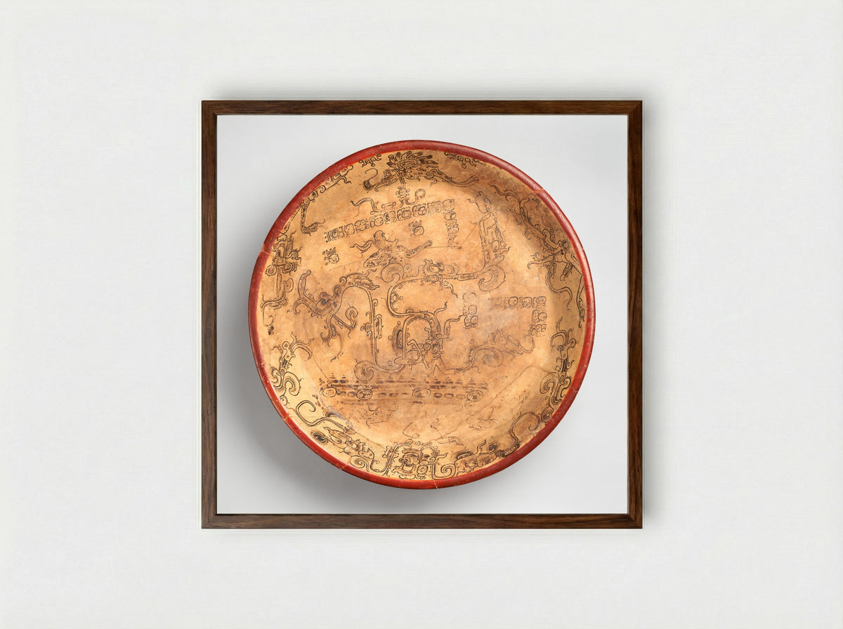 Plate with the god Chahk - Maya artist(s) - Framed Print Dark Wood