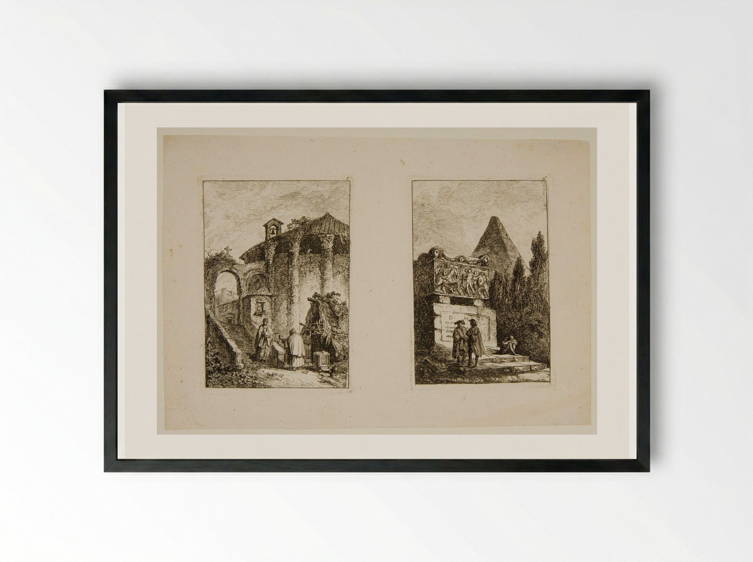 Plates V and VI of Les Soirées de Rome - Hubert Robert - Framed Print Black