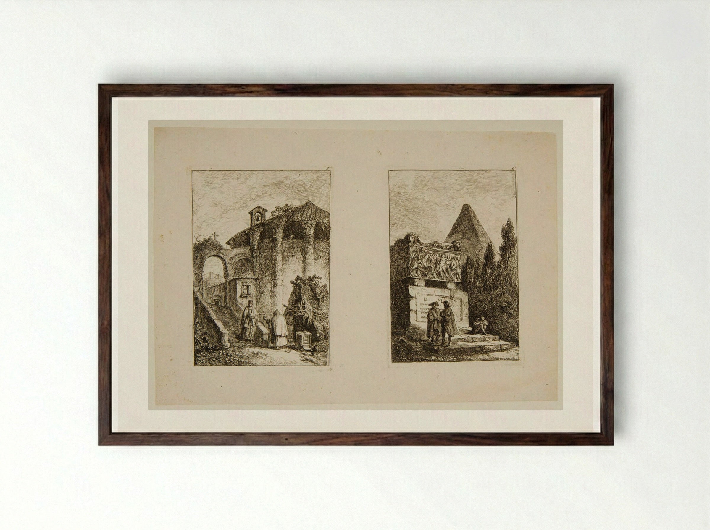 Plates V and VI of Les Soirées de Rome - Hubert Robert - Framed Print Dark Wood