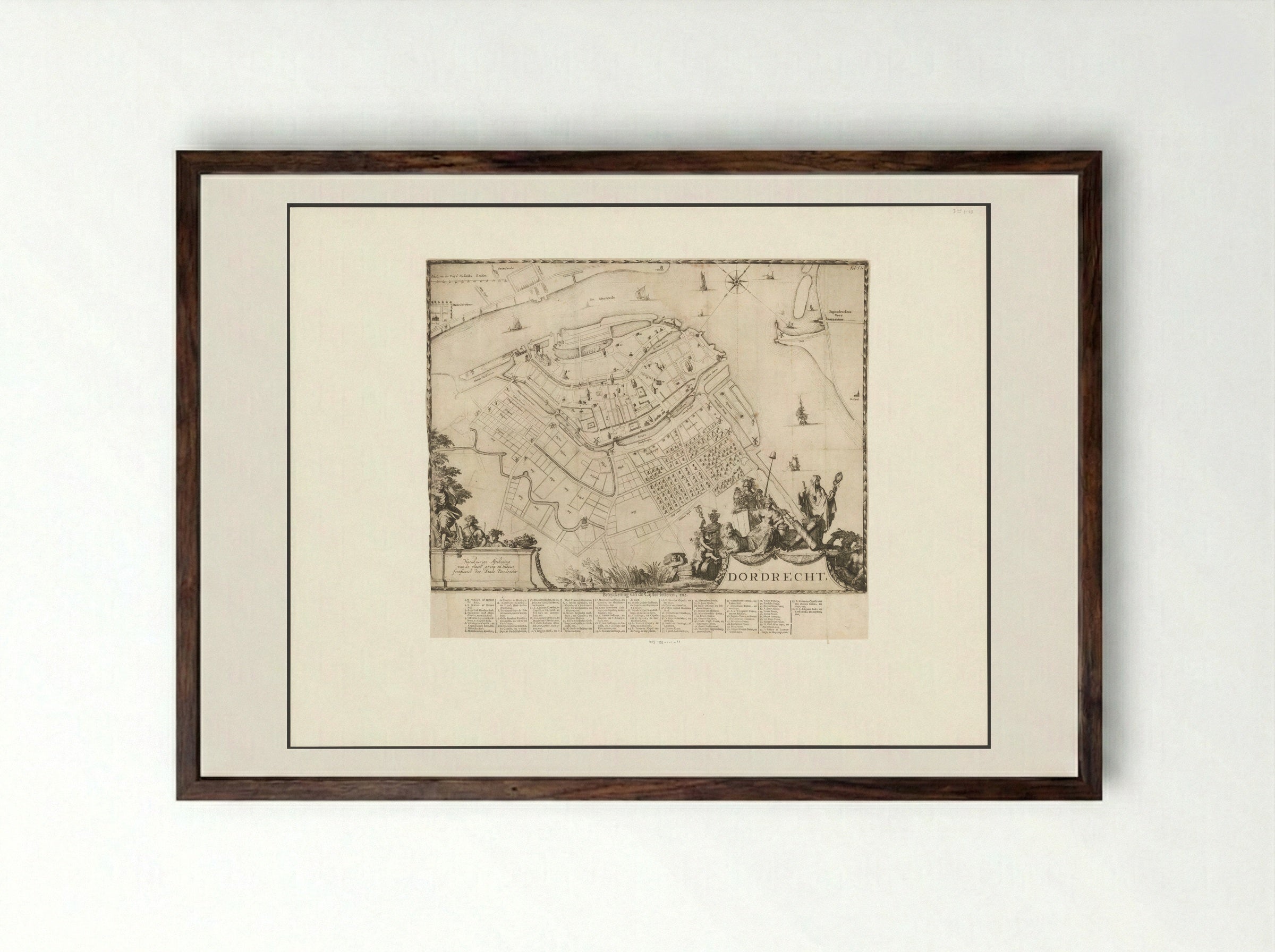 Plattegrond van Dordrecht - Romeyn de Hooghe - Framed Print Dark Wood