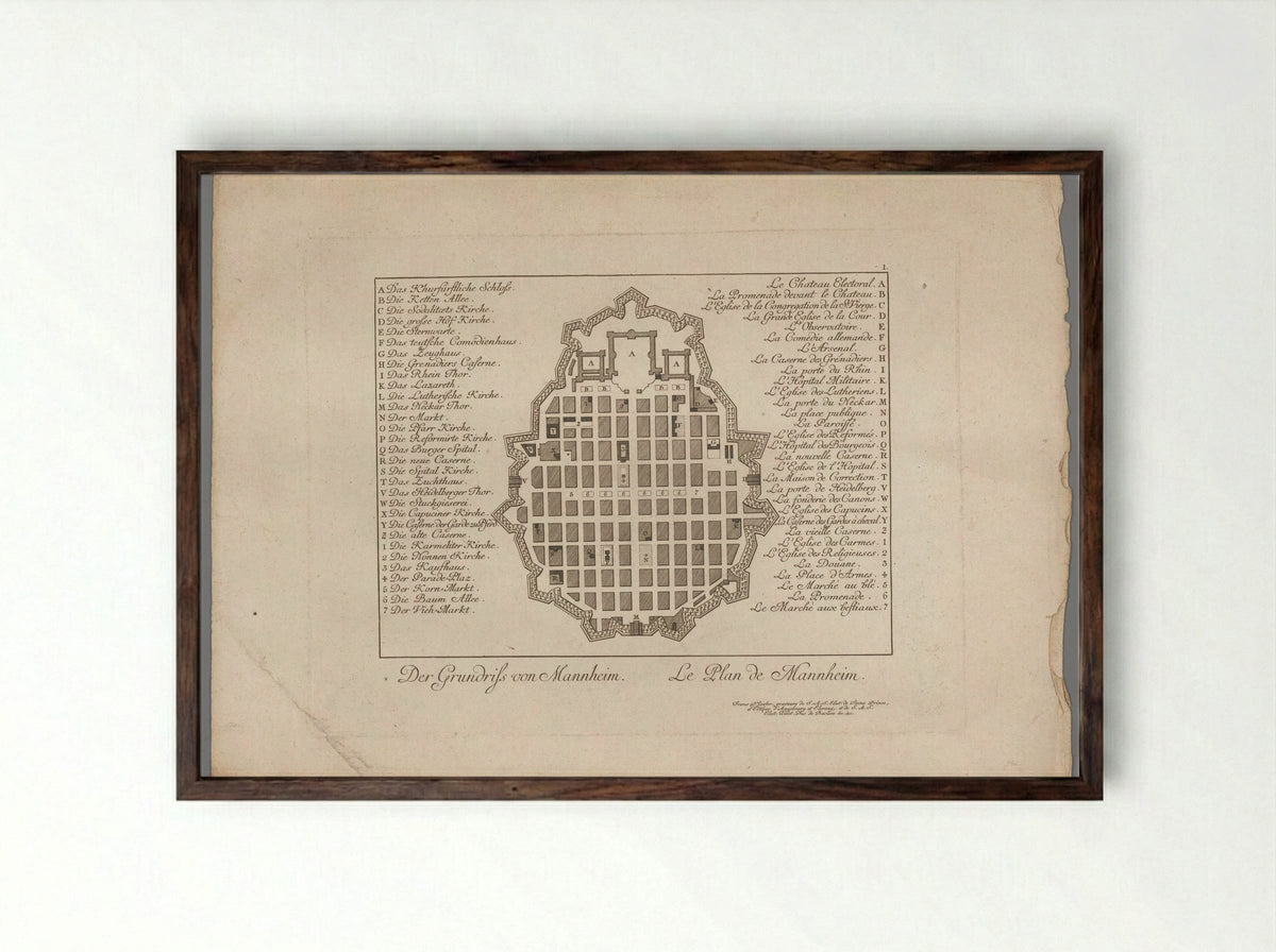 Plattegrond van Mannheim - Christian Friedrich Schwan - Framed Print Dark Wood