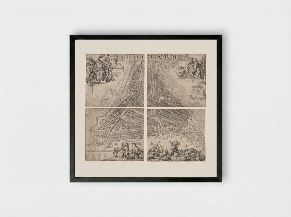 Plattegrond van Rotterdam, bestaande uit vier delen - Romeyn de Hooghe - Framed Print Black