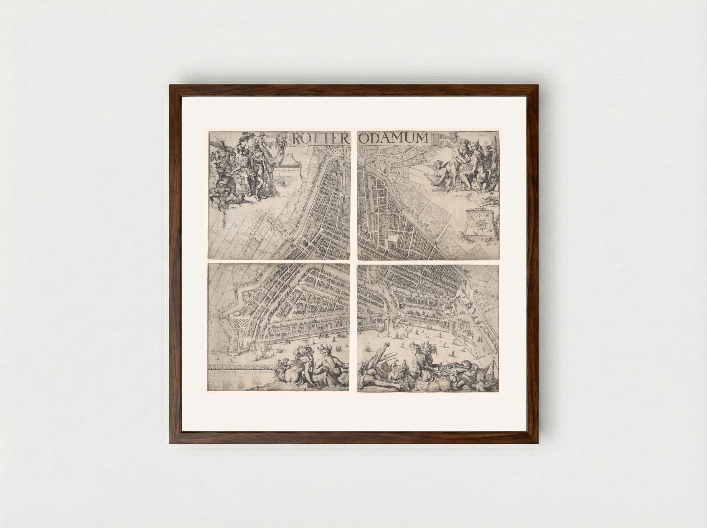 Plattegrond van Rotterdam, bestaande uit vier delen - Romeyn de Hooghe - Framed Print Dark Wood