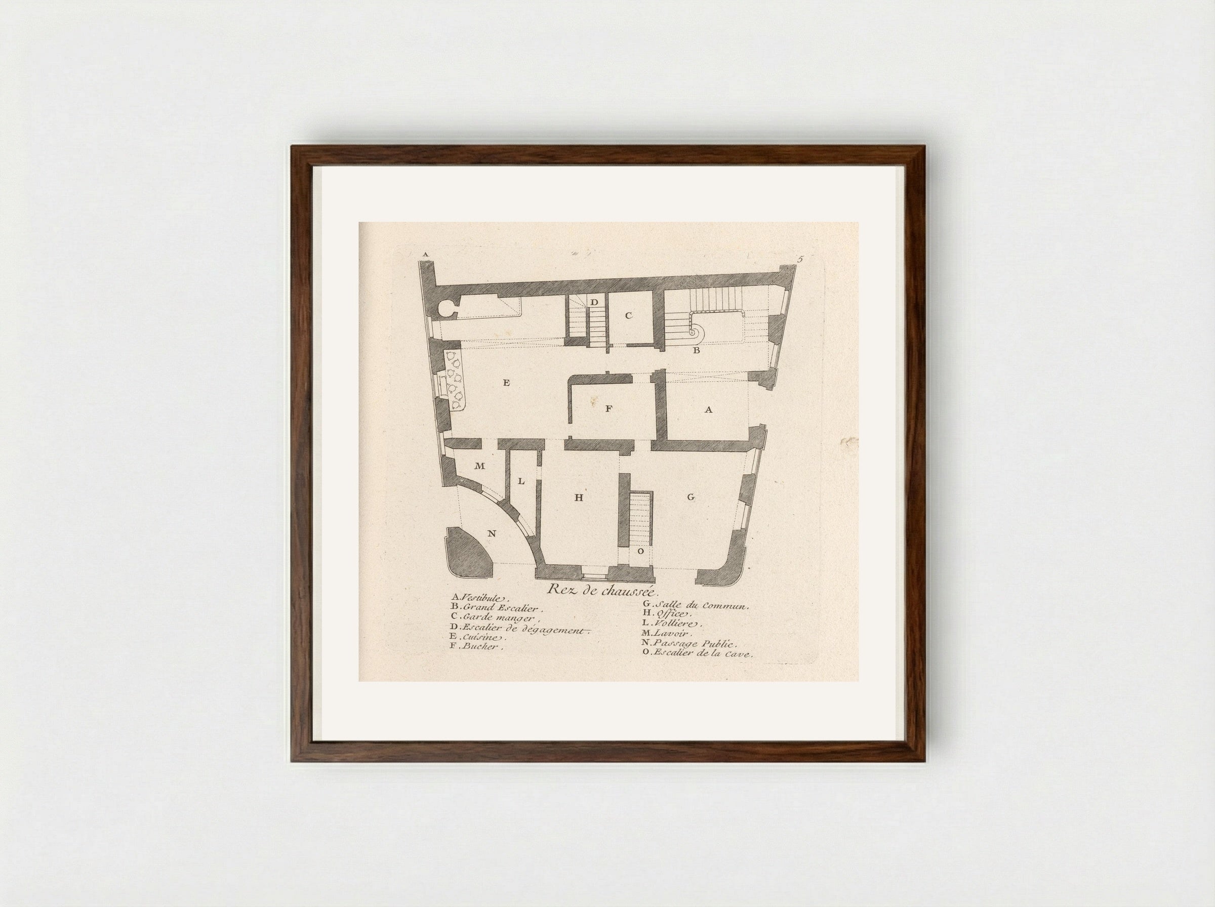 Plattegrond van de begane grond van het huis van Léon Berthous in Bayonne - Gabriel Huquier - Framed Print Dark Wood