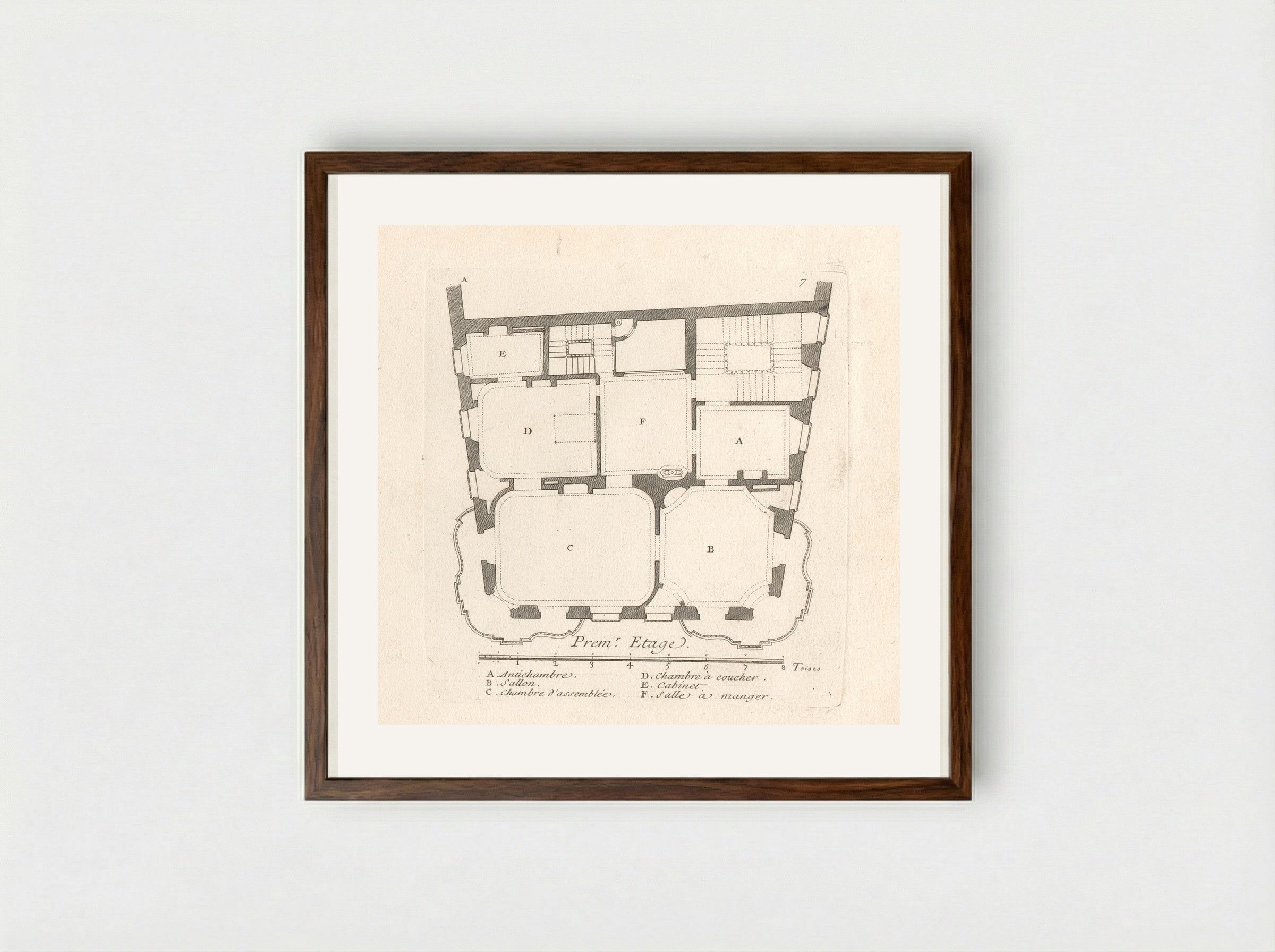 Plattegrond van de eerste verdieping van het huis van Léon Berthous in Bayonne - Gabriel Huquier - Framed Print Dark Wood