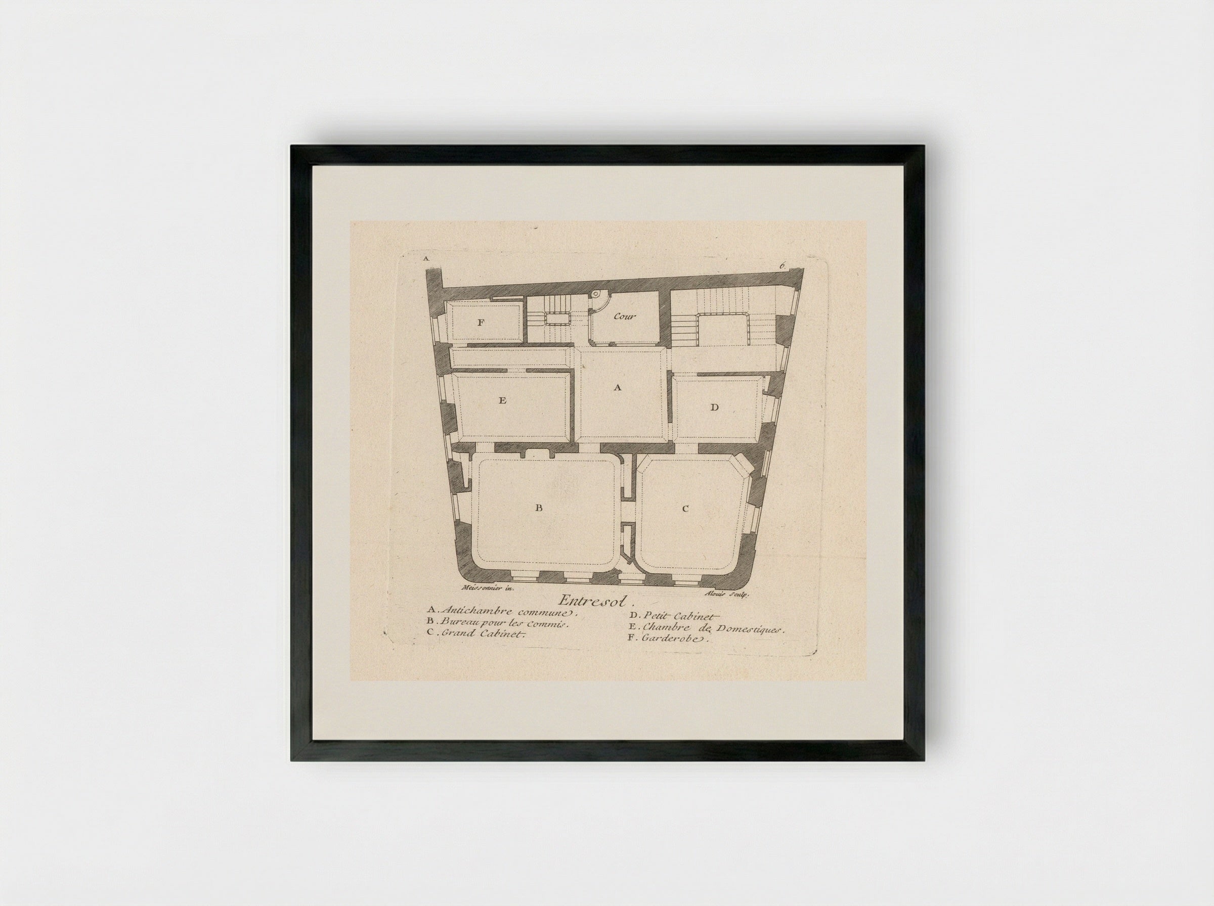 Plattegrond van de entresol van het huis van Léon Berthous in Bayonne - Gabriel Huquier - Framed Print Black