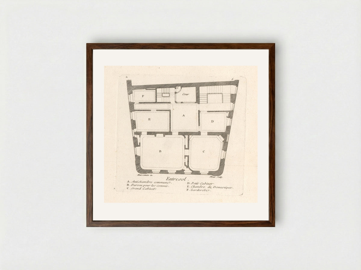 Plattegrond van de entresol van het huis van Léon Berthous in Bayonne - Gabriel Huquier - Framed Print Dark Wood