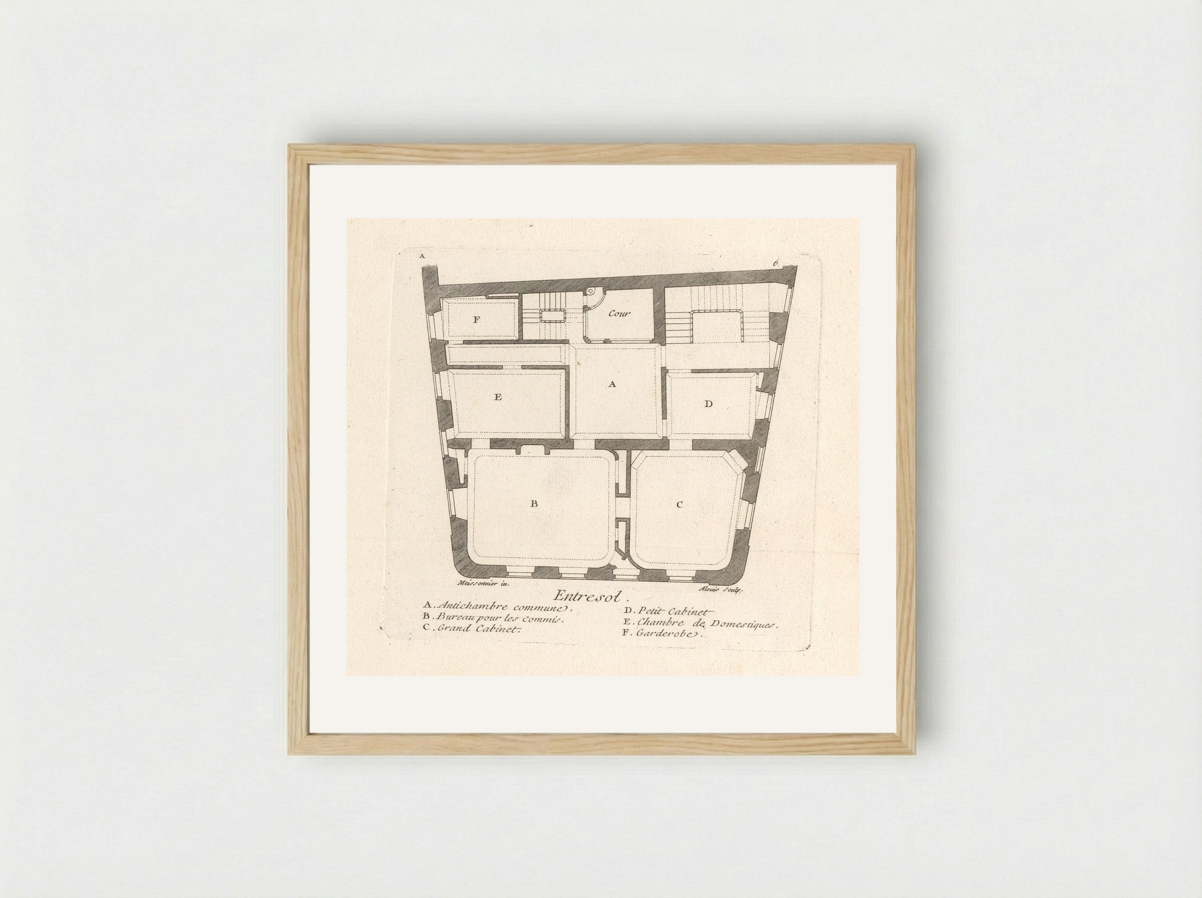 Plattegrond van de entresol van het huis van Léon Berthous in Bayonne - Gabriel Huquier - Framed Print Wood