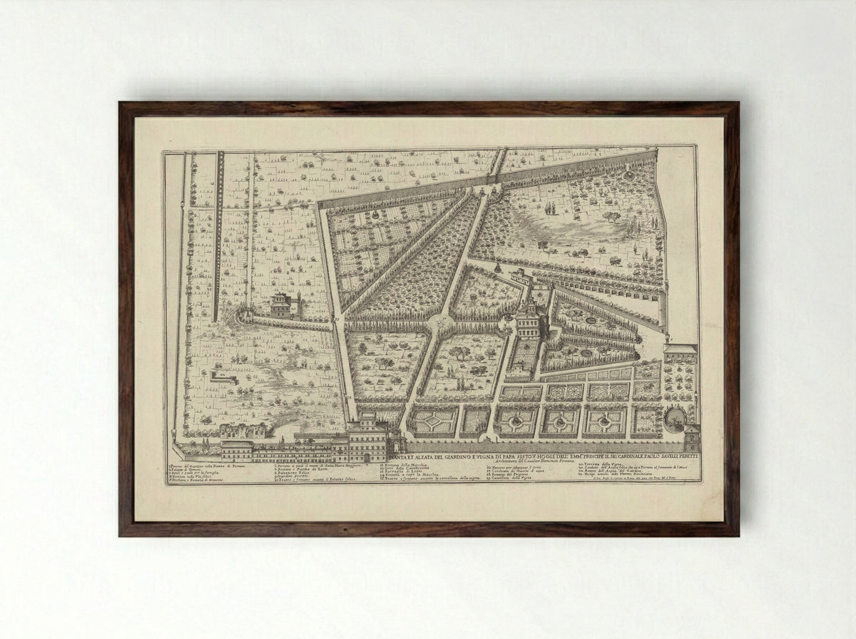 Plattegrond van de tuin en wijngaard van paus Sixtus V en de tuin van kardinaal Paolo Savelli - Giovanni Battista Falda - Framed Print Dark Wood