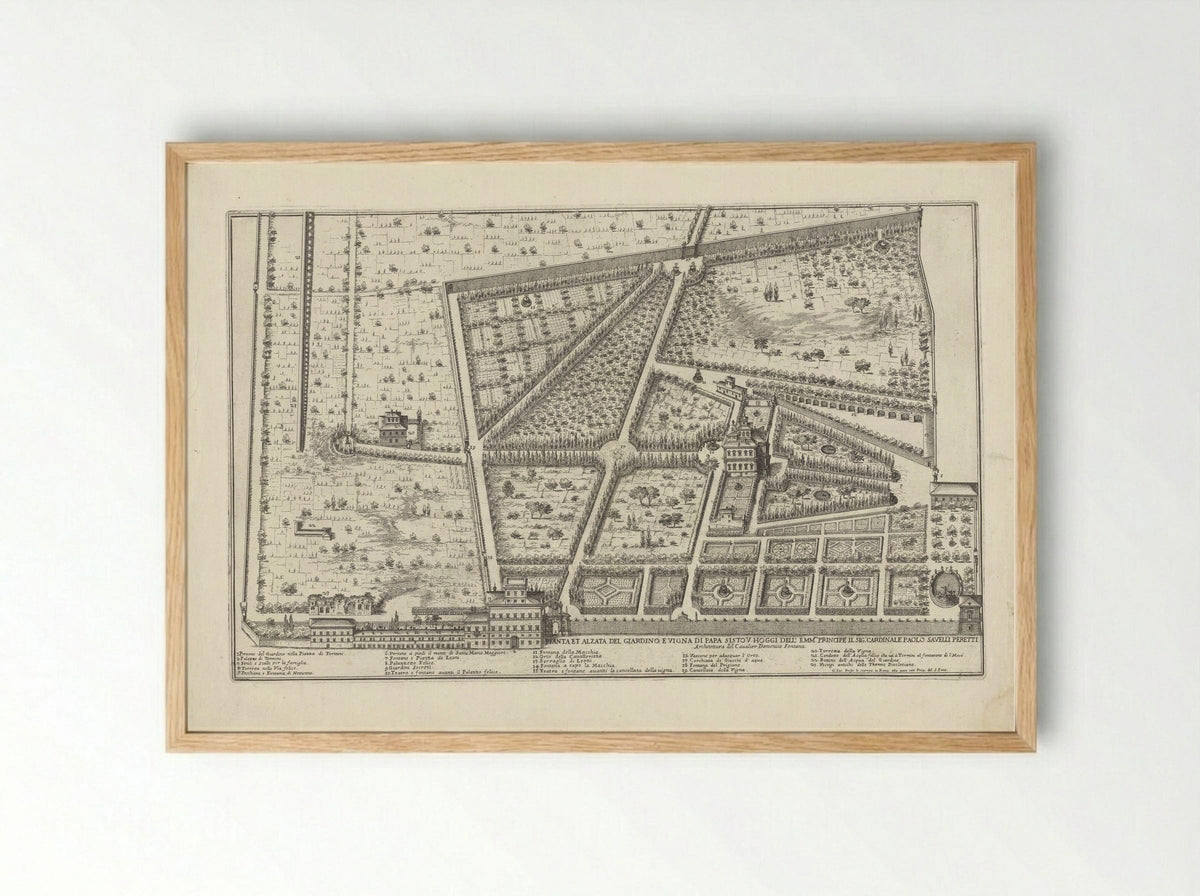 Plattegrond van de tuin en wijngaard van paus Sixtus V en de tuin van kardinaal Paolo Savelli - Giovanni Battista Falda - Framed Print Wood