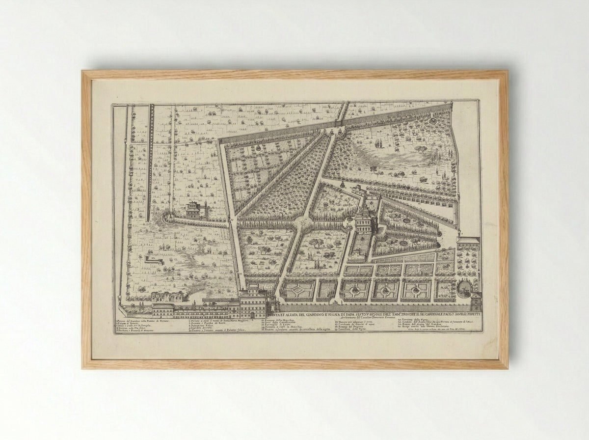 Plattegrond van de tuin en wijngaard van paus Sixtus V en de tuin van kardinaal Paolo Savelli - Giovanni Battista Falda - Framed Print Wood