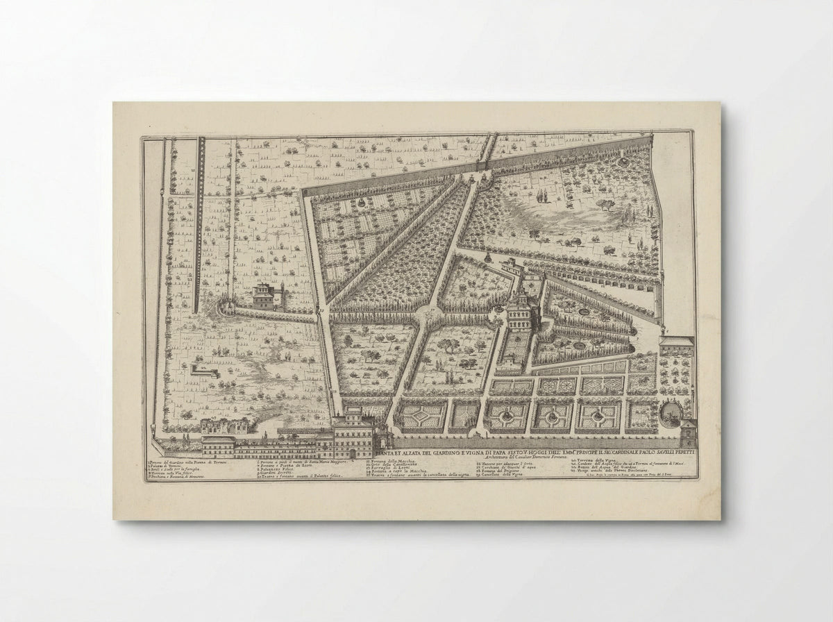 Plattegrond van de tuin en wijngaard van paus Sixtus V en de tuin van kardinaal Paolo Savelli - Giovanni Battista Falda - Poster