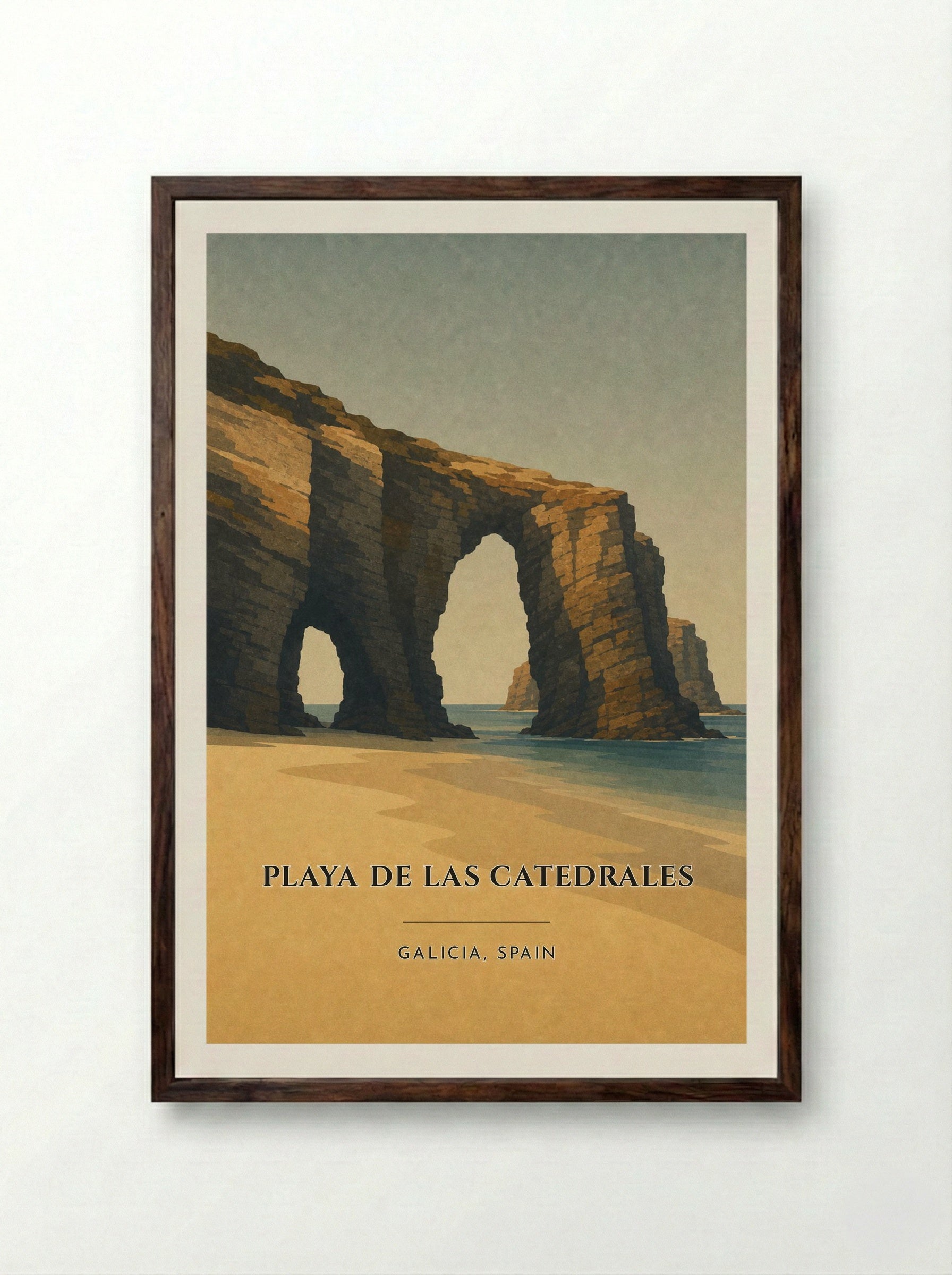 Playa de las Catedrales Travel Poster Artwork - Framed Print Dark Wood