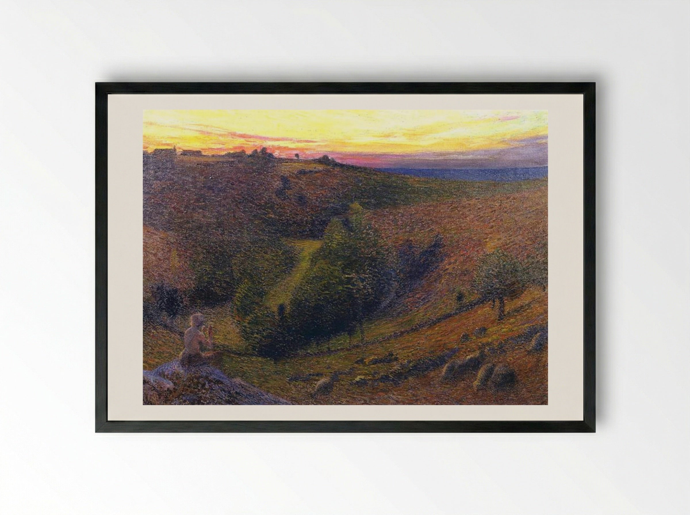 Playing Pipes to the Setting Sun - Henri Martin - Framed Print Black