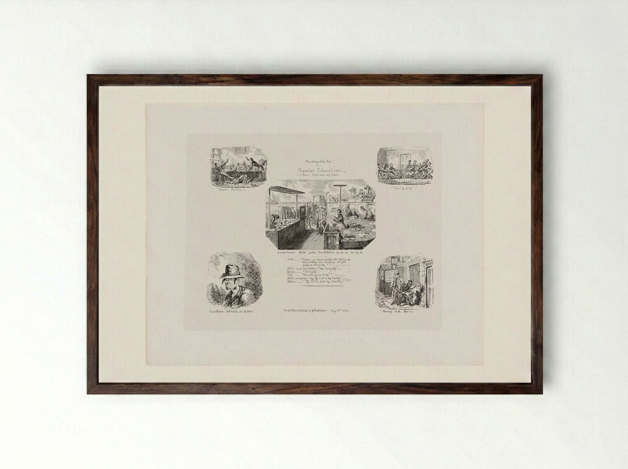 Pleading at the Bar or Popular Education, a Farce, Performed Every Sessions - George Cruikshank - Framed Print Dark Wood