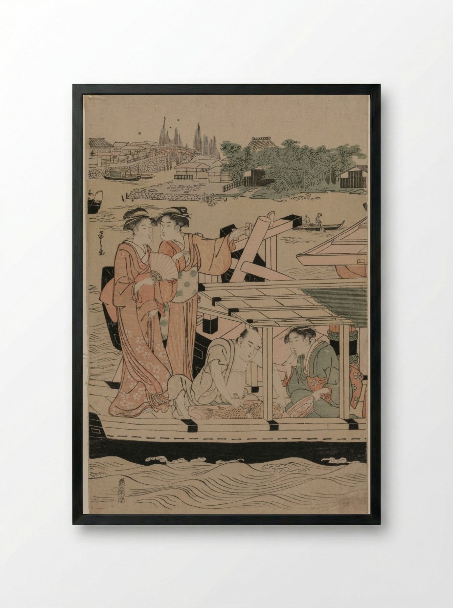 Pleasure Boats on the Sumida River beneath Shin-Ōhashi Bridge (Left Panel) - Chōbunsai Eishi - Framed Print Black