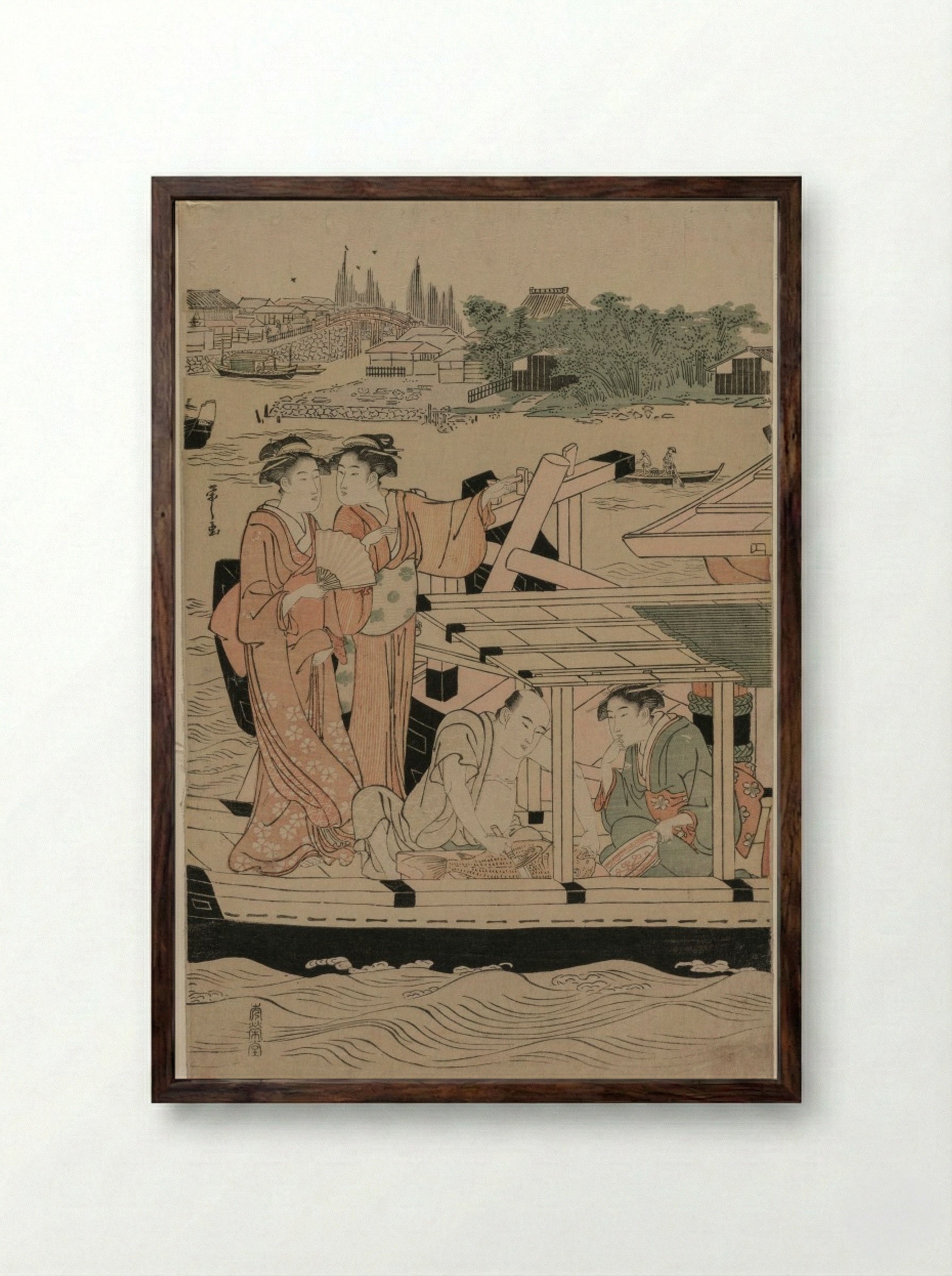 Pleasure Boats on the Sumida River beneath Shin-Ōhashi Bridge (Left Panel) - Chōbunsai Eishi - Framed Print Dark Wood